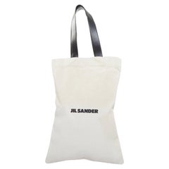 JIL SANDER Logo Print Canvas Long Tote beige canvas black leather trim bag
