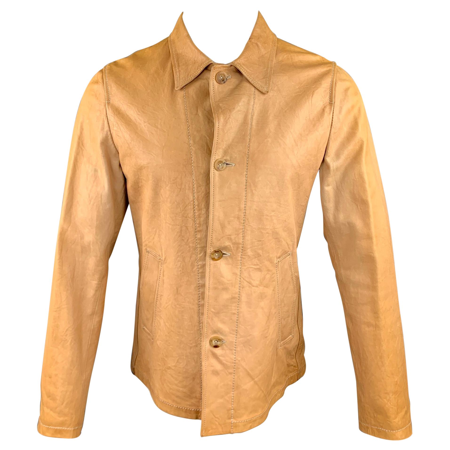 JIL SANDER Men's Size 40 / IT 50 Tan Distressed Leather Drawstring Jacket