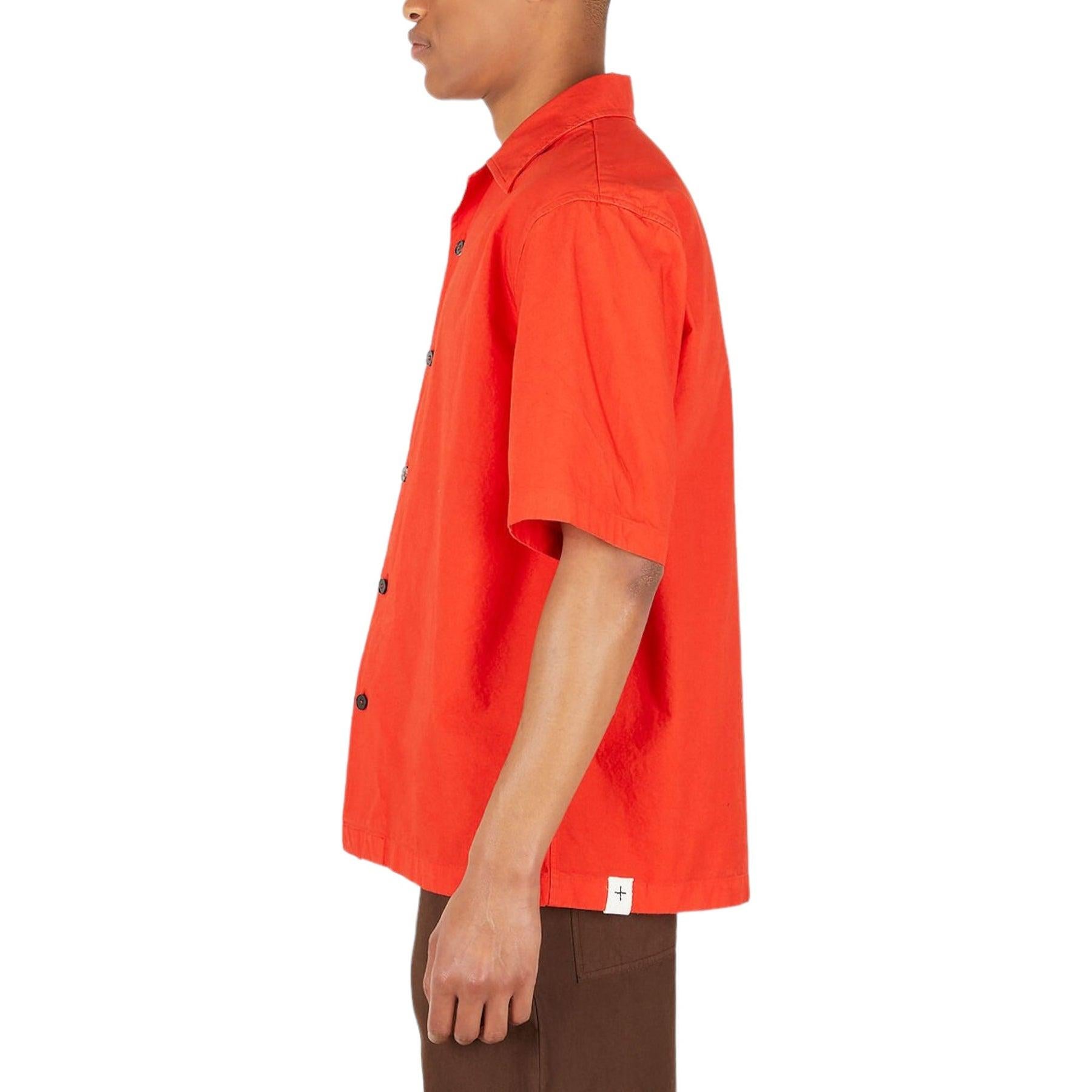 Jil Sander Men's Solid Canvas Camp Shirt in Red In Excellent Condition For Sale In Los Angeles, CA