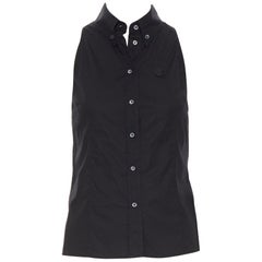JIL SANDER NAVY black cotton spandex logo embroidered sleeveless shirt FR34