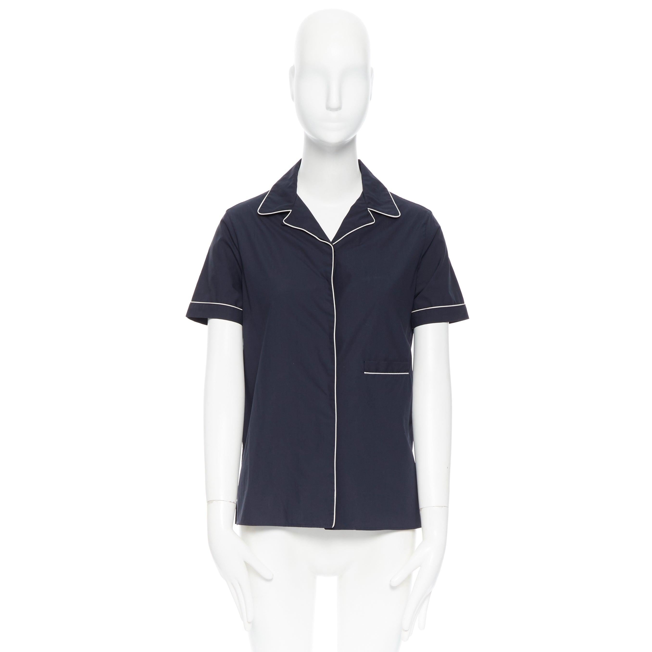 JIL SANDER navy blue cotton cuban shirt notch collar pipe short sleeves FR34 For Sale 5