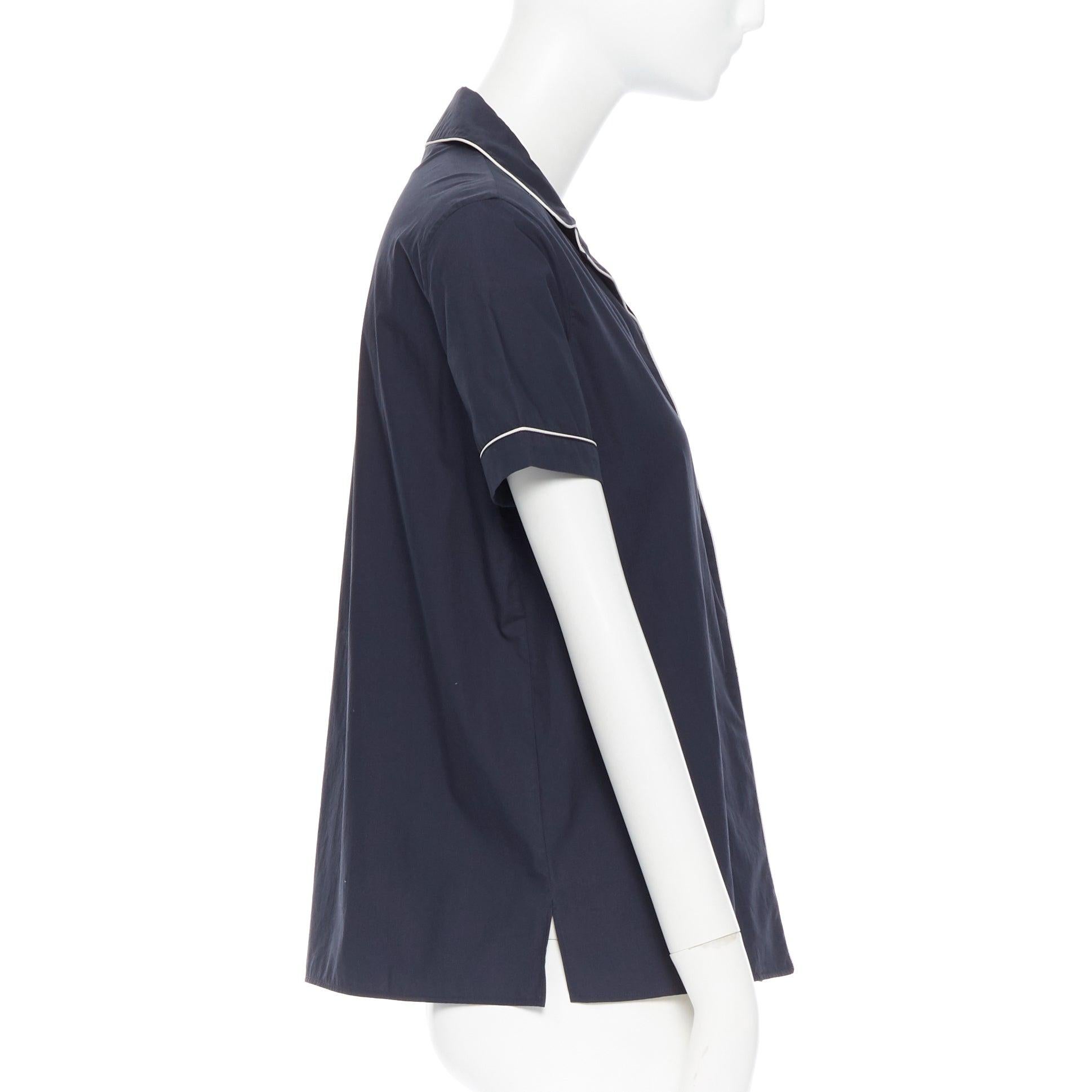 JIL SANDER navy blue cotton cuban shirt notch collar pipe short sleeves FR34 In Good Condition For Sale In Hong Kong, NT