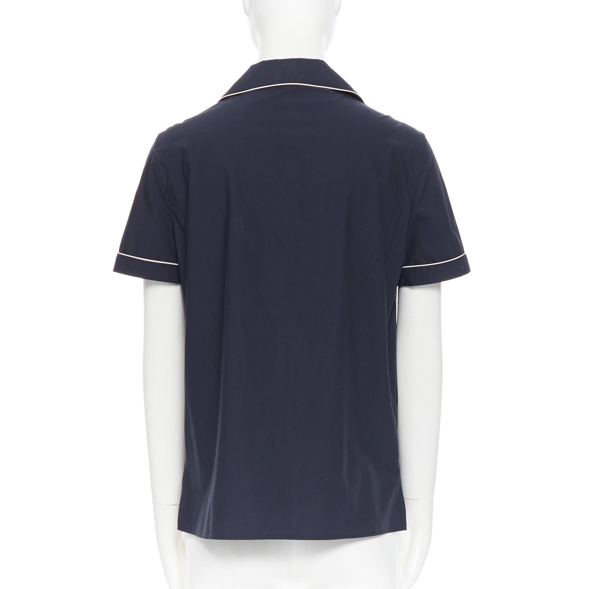 Women's JIL SANDER navy blue cotton cuban shirt notch collar pipe short sleeves FR34 For Sale