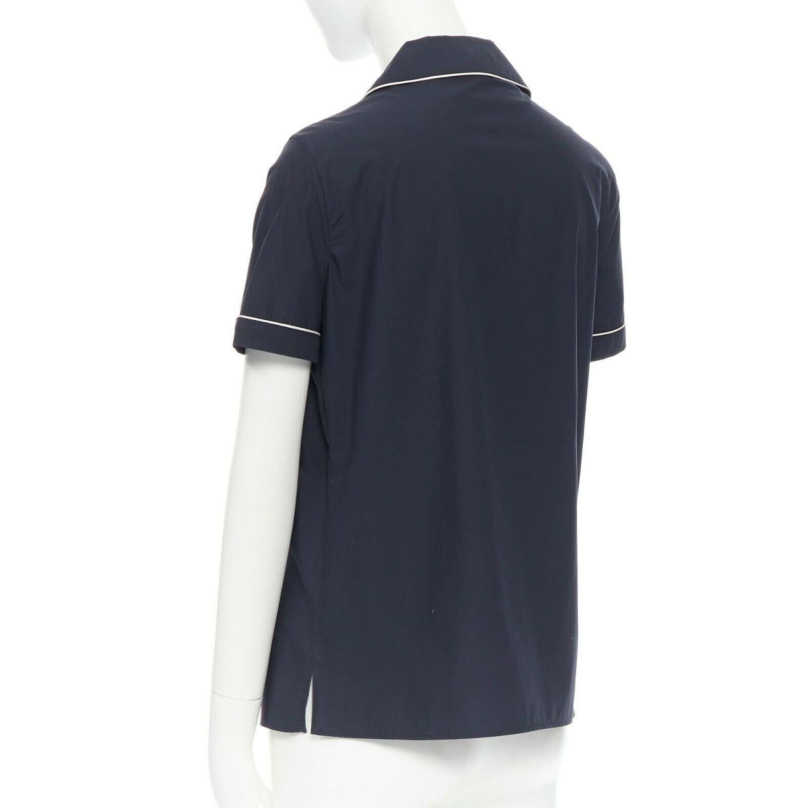 Women's JIL SANDER navy blue cotton Cuban shirt notch collar pipe short sleeves FR34