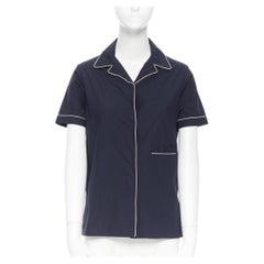 JIL SANDER navy blue cotton cuban shirt notch collar pipe short sleeves FR34