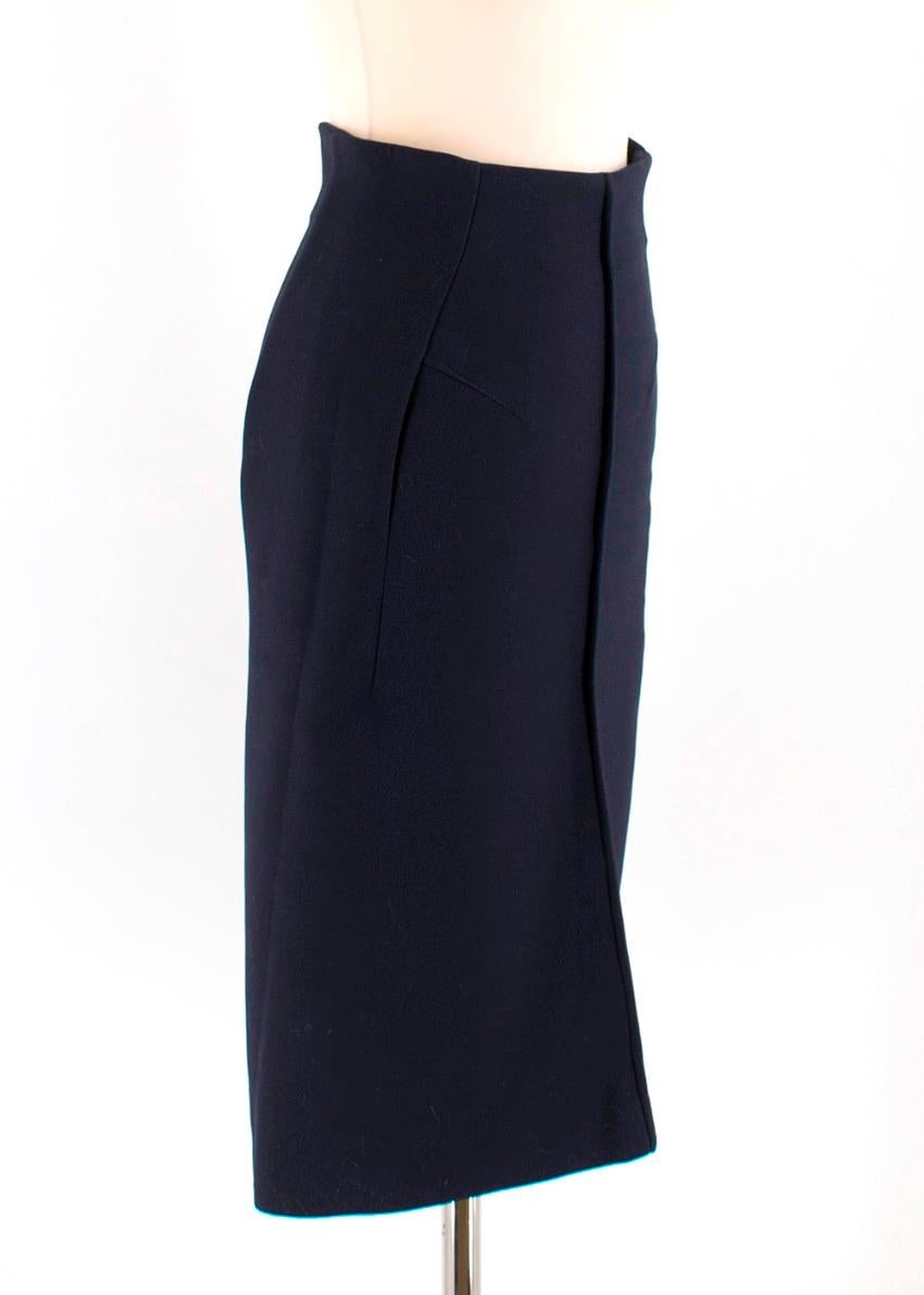 Jil Sander Navy Structured A-Line Skirt

- Fitted Waist 
- Tonal Stitching 
- straight Hemline 
- Invisible Zip Closure to side
- A-Line Skirt 
- Outer Seem Detail 
- Darts at Side 

Materials 
59% Cotton 
38% Polyester
3% Elastane 

Dry Clean Only