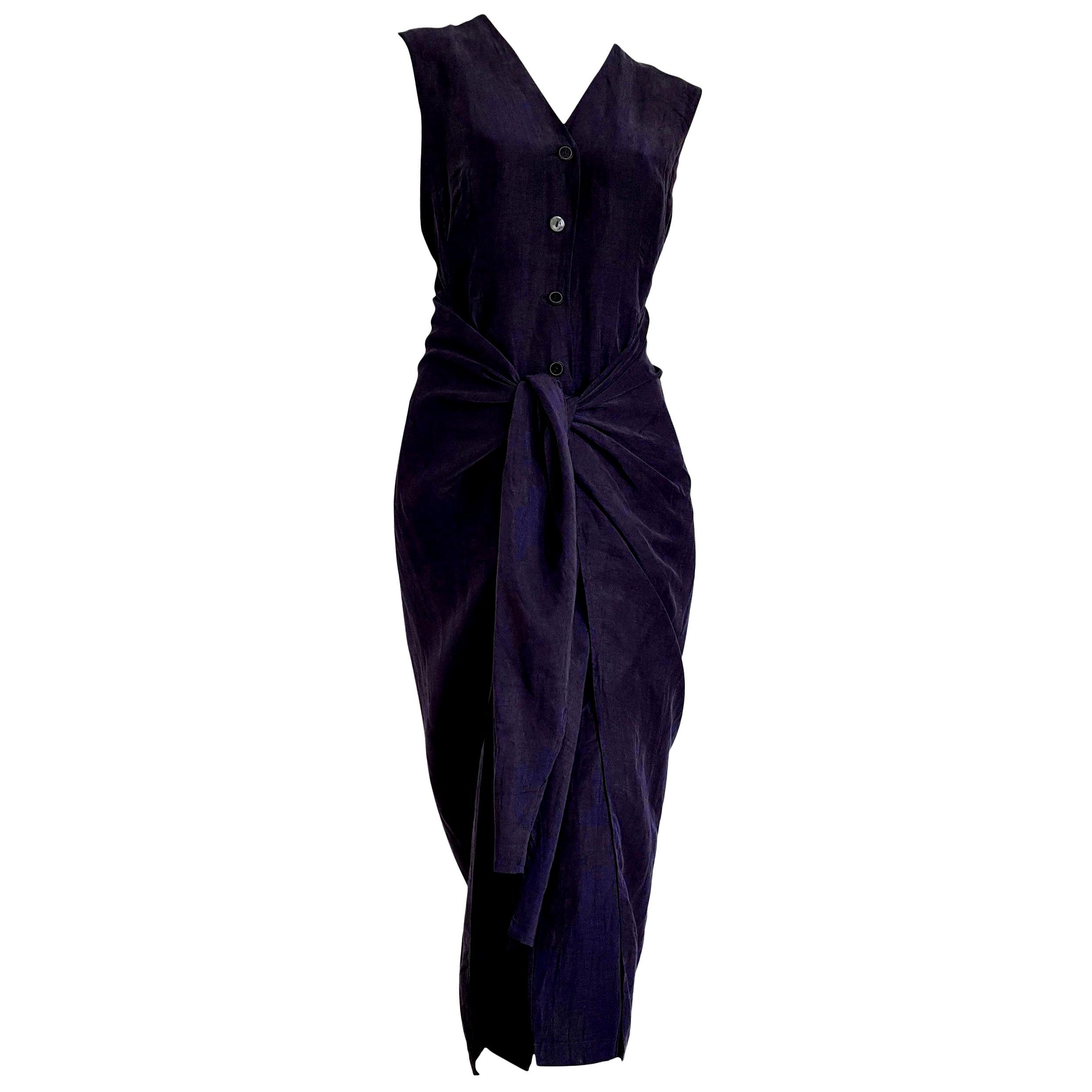 JIL SANDER "New" Blue Silk Linen Dress with Front or Back Bow - Unworn  For Sale