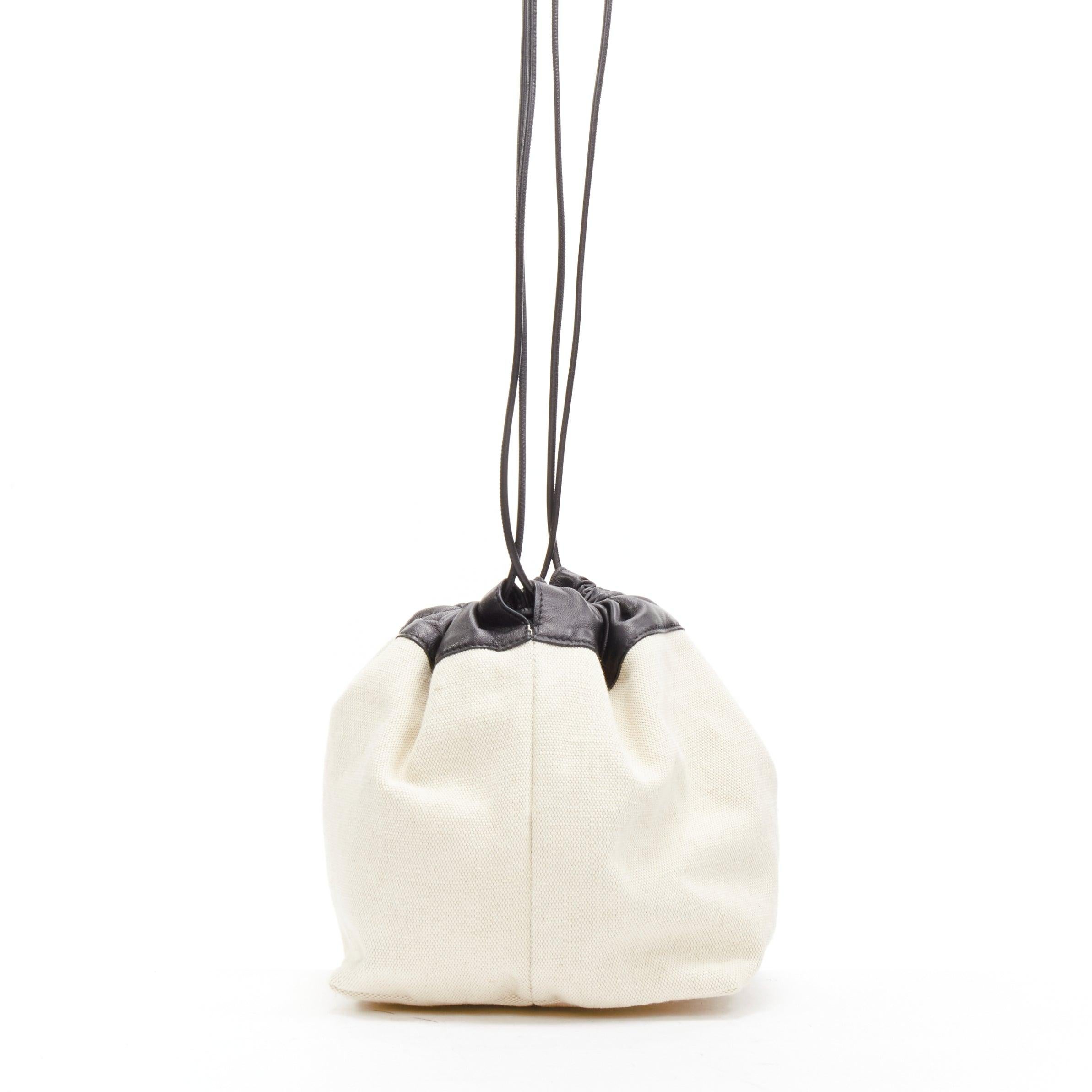 JIL SANDER off white canvas black leather logo drawstring pouch bucket bag In Good Condition In Hong Kong, NT