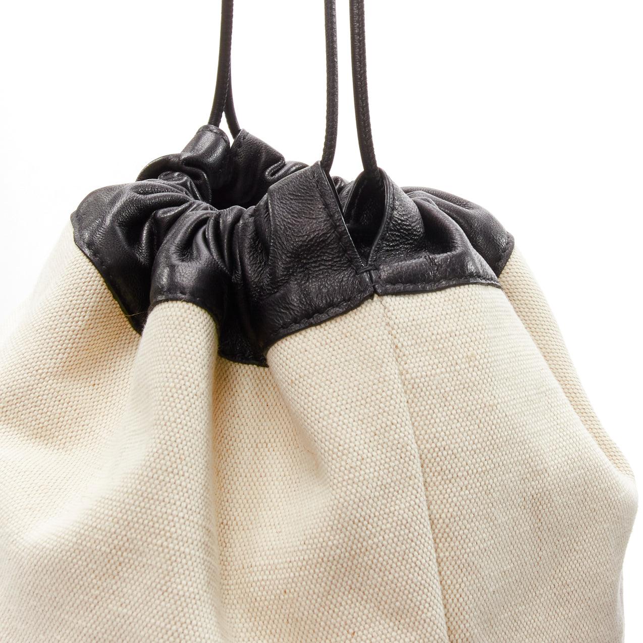 JIL SANDER off white canvas black leather logo drawstring pouch bucket bag 2
