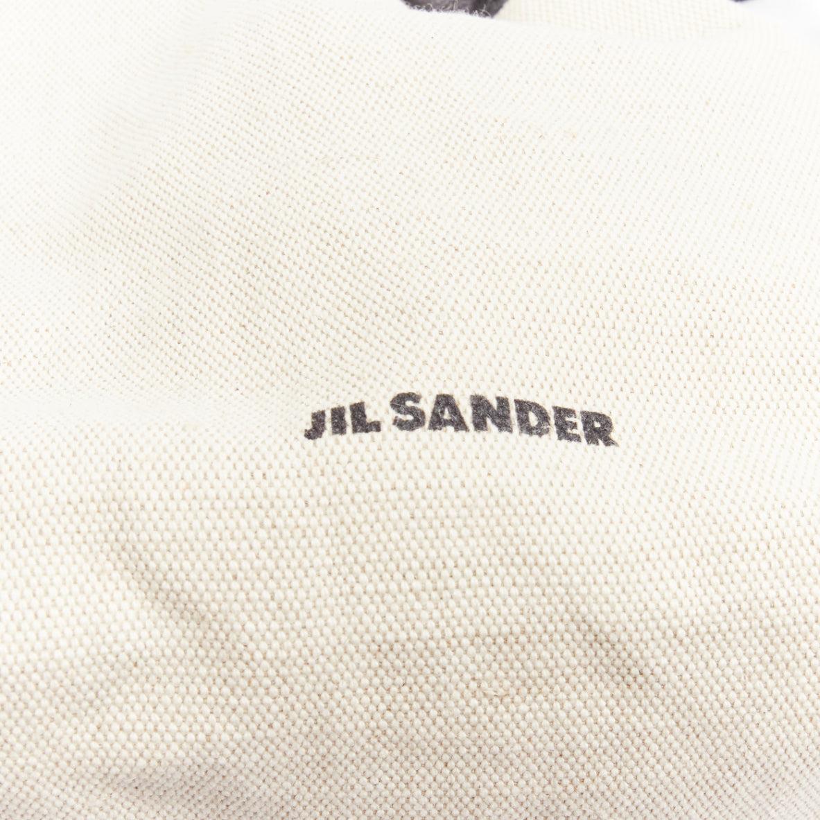 JIL SANDER off white canvas black leather logo drawstring pouch bucket bag 3