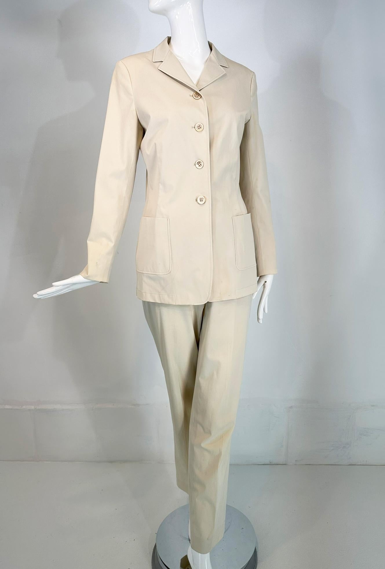 Jil Sander Off White Cotton Single Breasted Patch Pocket Jacket & Pant Set For Sale 6