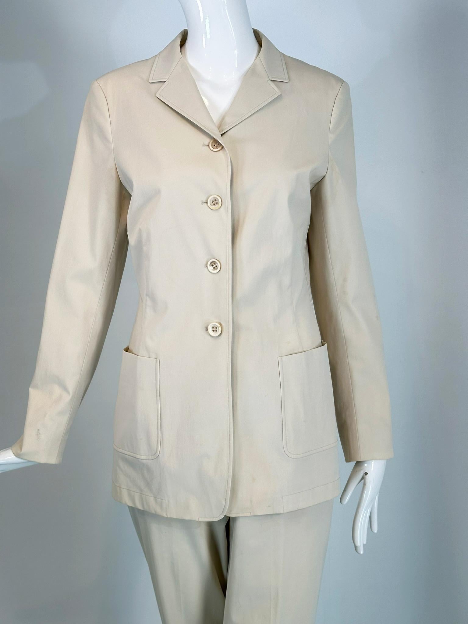 Jil Sander Off White Cotton Single Breasted Patch Pocket Jacket & Pant Set For Sale 12