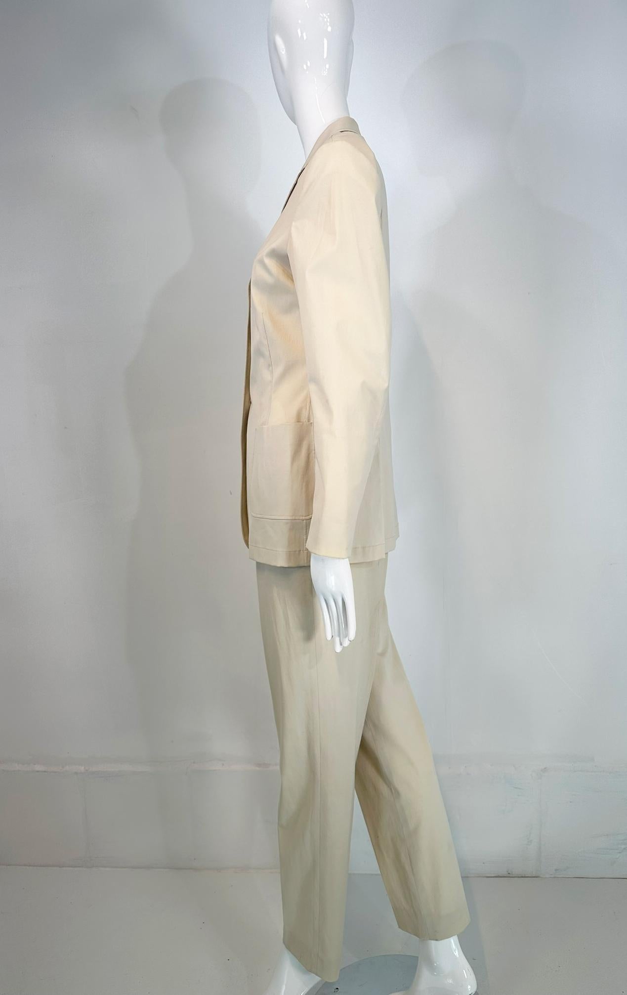 Jil Sander Off White Cotton Single Breasted Patch Pocket Jacket & Pant Set In Good Condition For Sale In West Palm Beach, FL