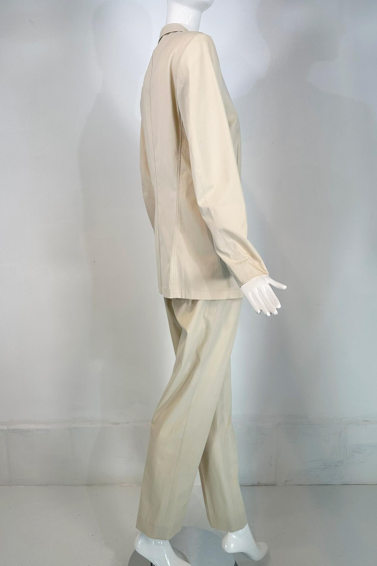Jil Sander Off White Cotton Single Breasted Patch Pocket Jacket & Pant Set For Sale 4