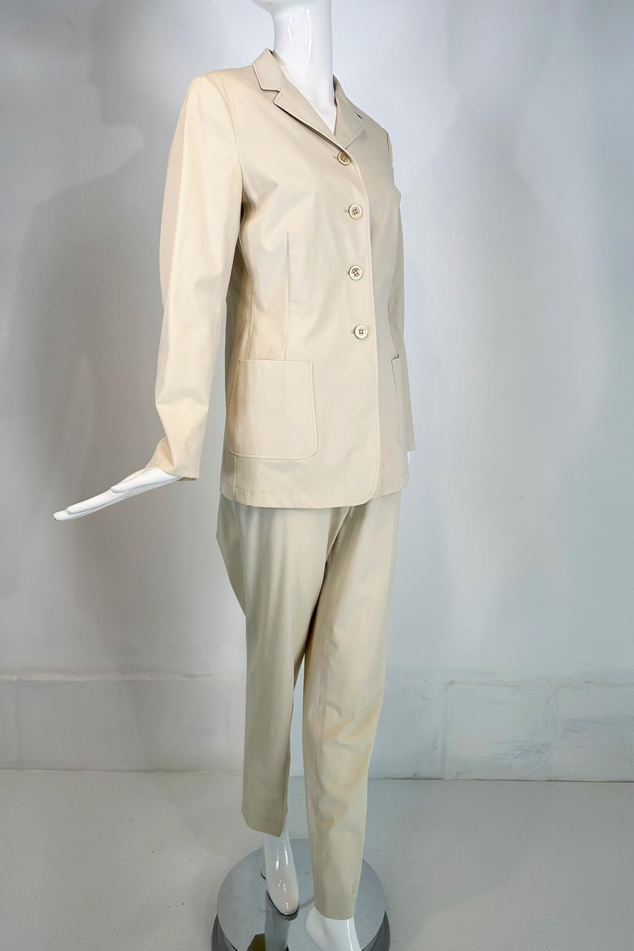 Jil Sander Off White Cotton Single Breasted Patch Pocket Jacket & Pant Set For Sale 5