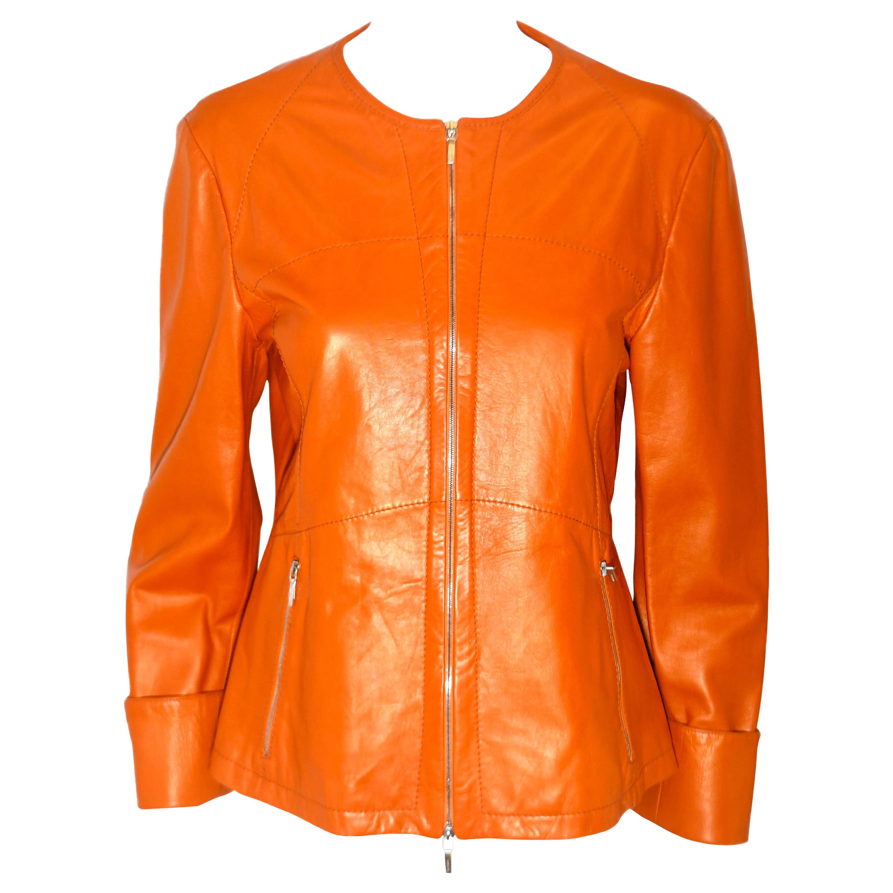 Jil Sander Orange Leather Top Stitched Zipper Jacket For Sale