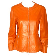 Jil Sander Orange Leather Top Stitched Zipper Jacket