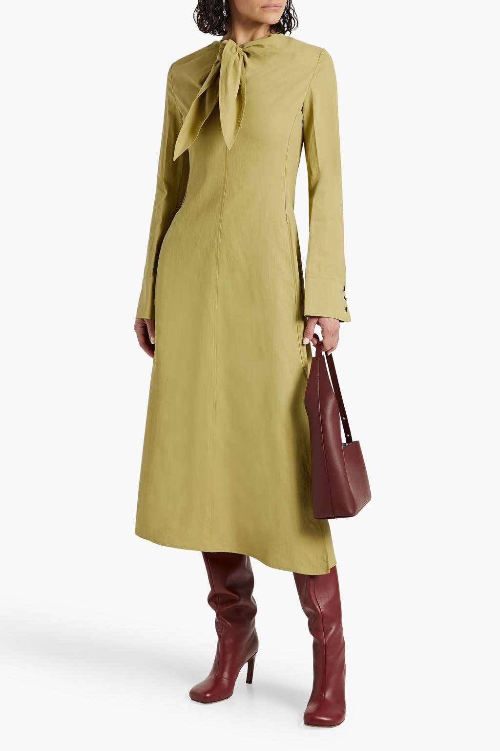JIL SANDER pear yellow linen 2023 TIE-NECK MIDI Dress 36 S For Sale 1