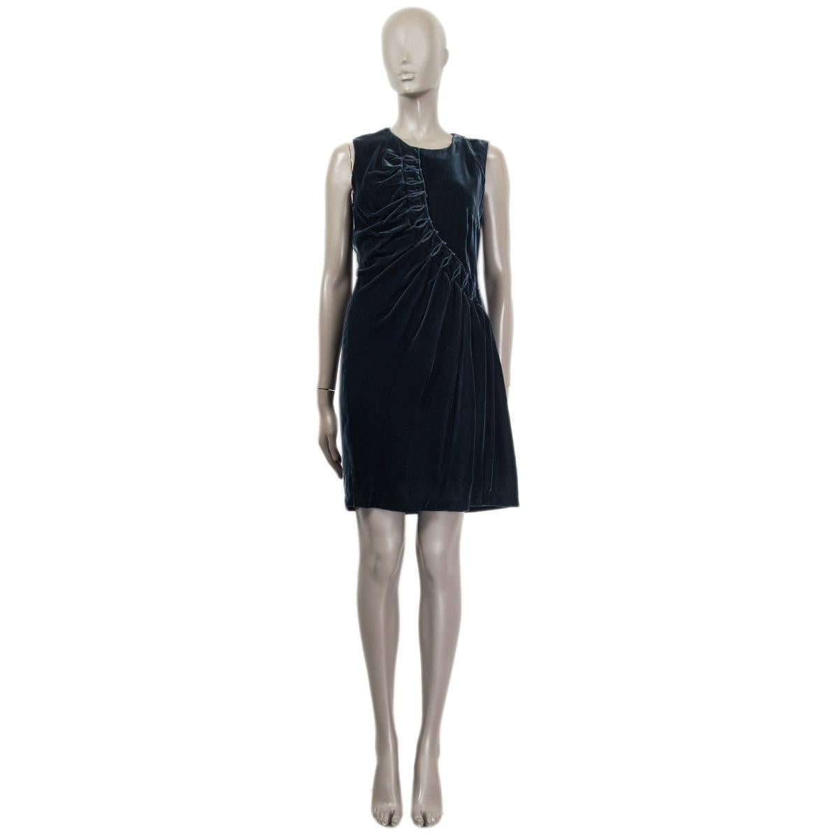 100% authentic Jil Sander sleeveless draped dress in petrol green velvet (content tag missing) with a draping embellishment on both the front and the back. Closes with a concealed zipper on the left shoulder and on the left side. Lined in petrol