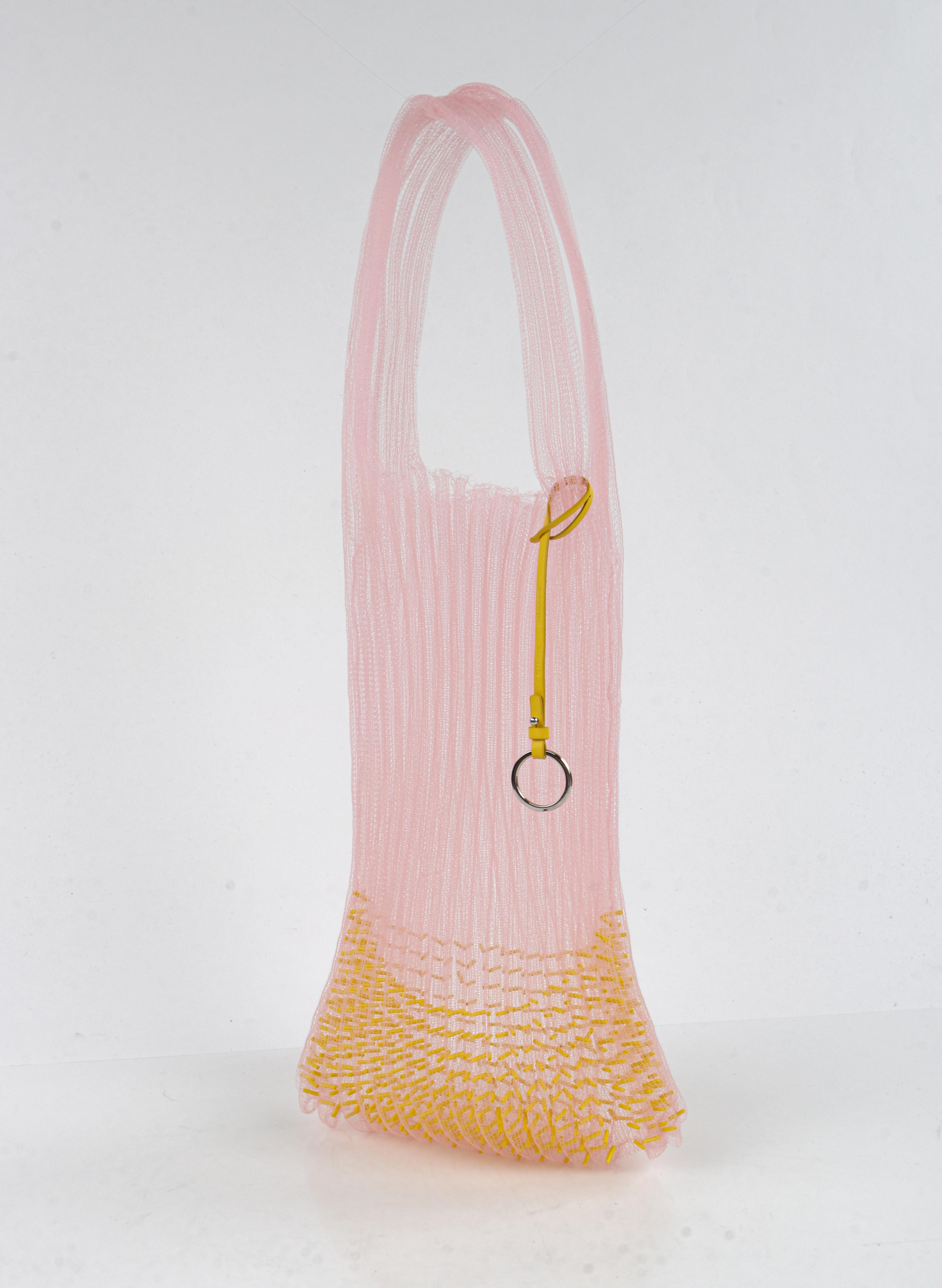 JIL SANDER Resort 2019 Pink Yellow Mesh Net Beaded Open Large Market Tote Bag In Good Condition In Thiensville, WI