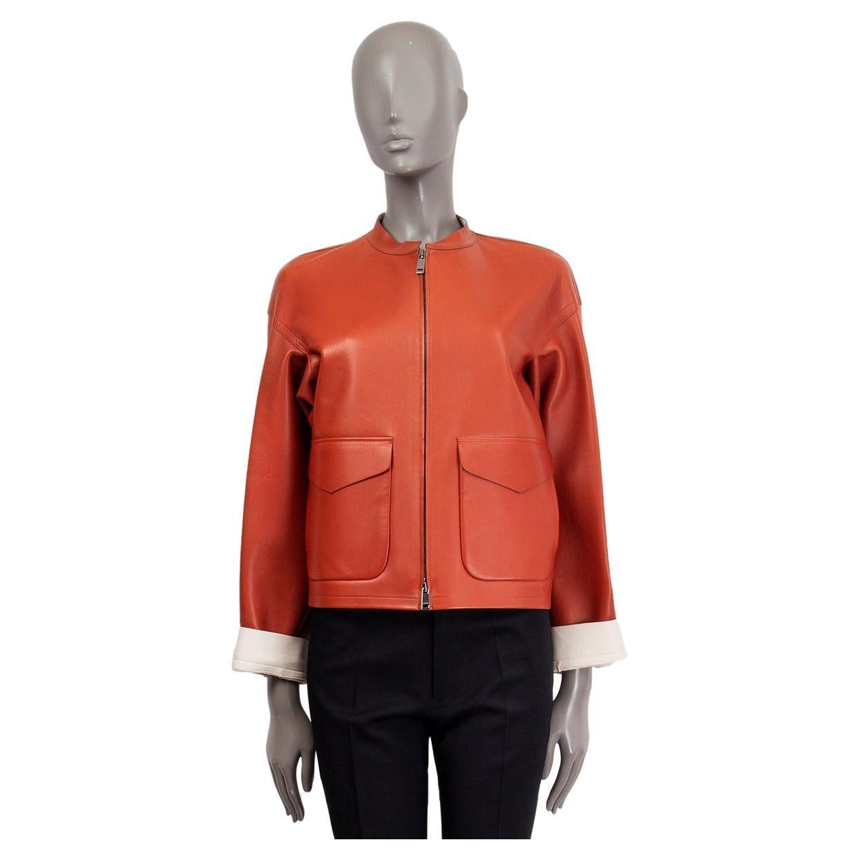 JIL SANDER rust & ivory leather DROP SHOULDER SHORT Jacket 36 S For Sale