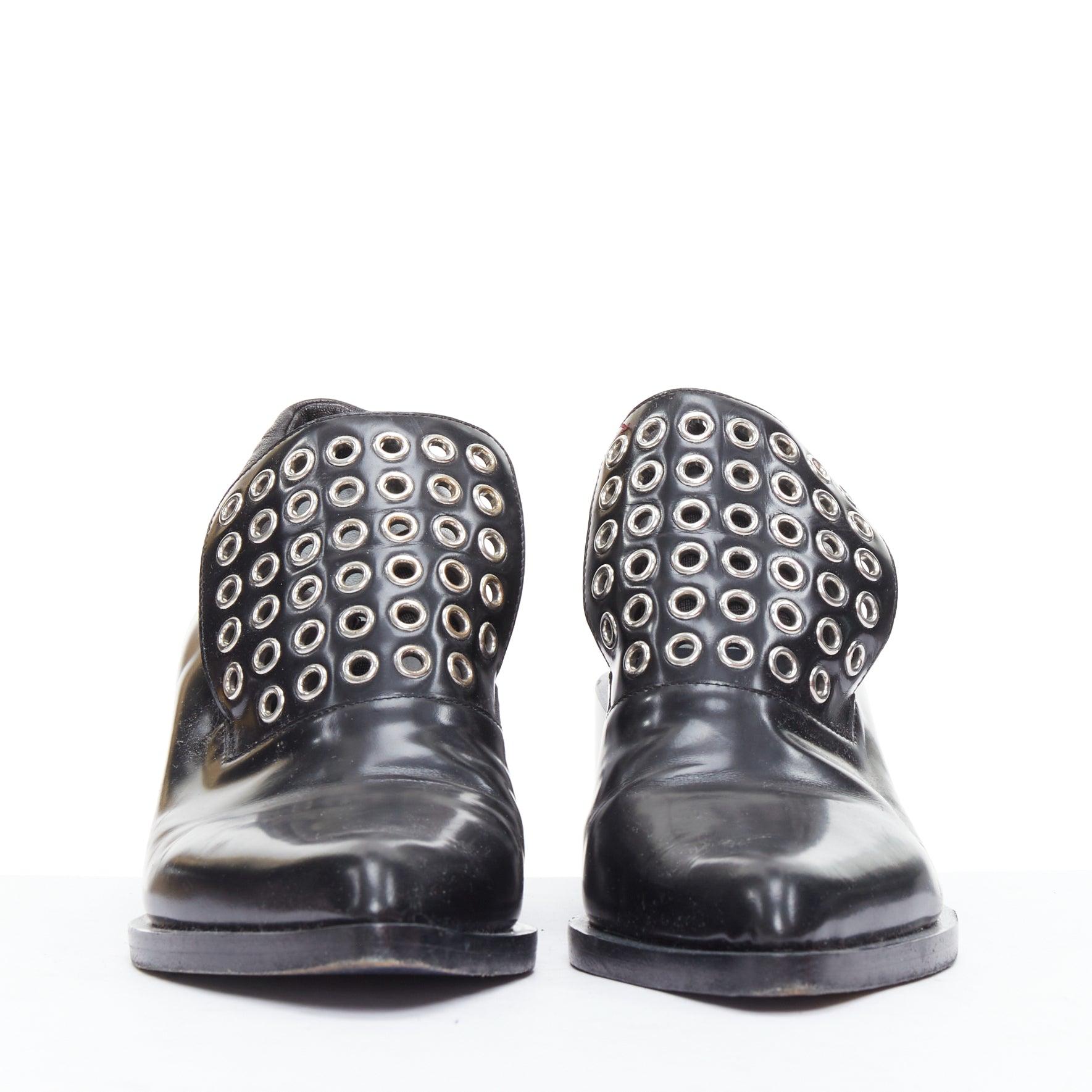 Black JIL SANDER silver grommet black leather block heel loafer EU38 For Sale