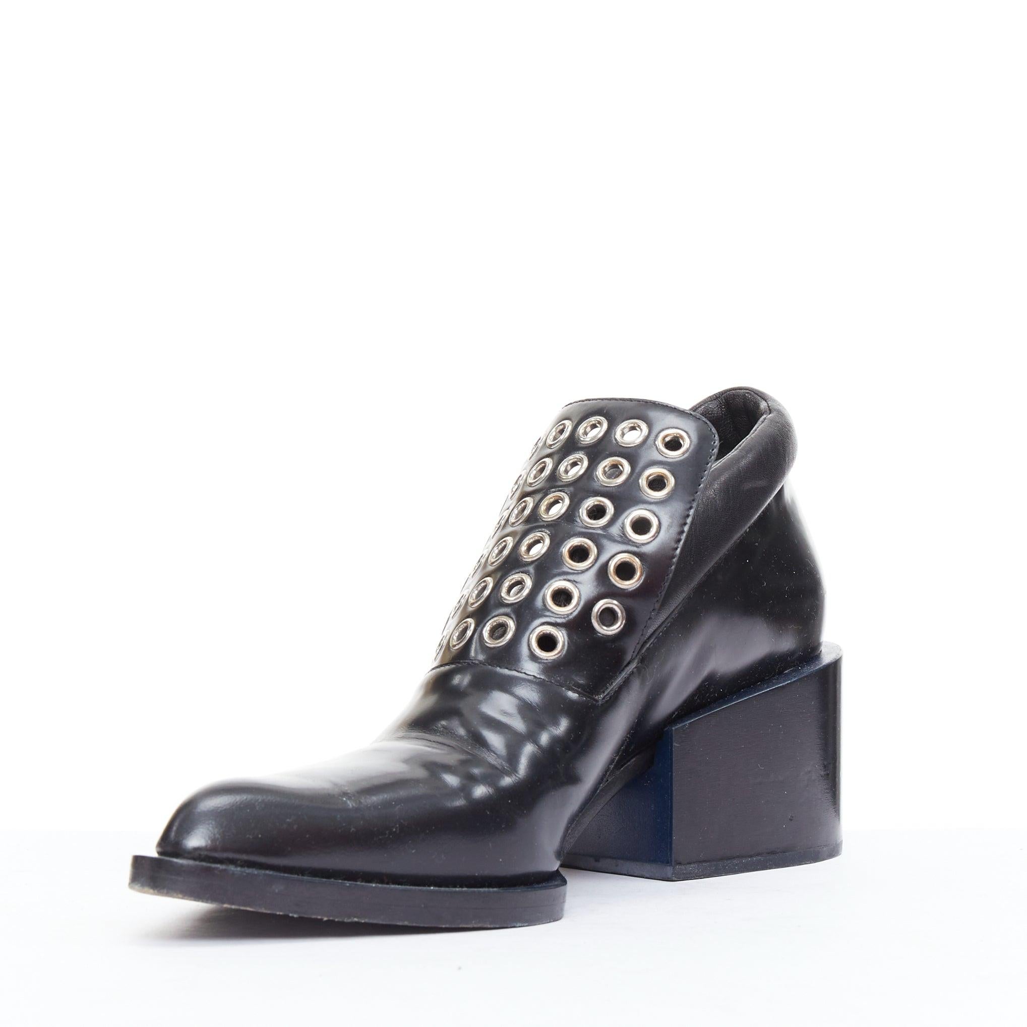 JIL SANDER silver grommet black leather block heel loafer EU38 In Fair Condition For Sale In Hong Kong, NT
