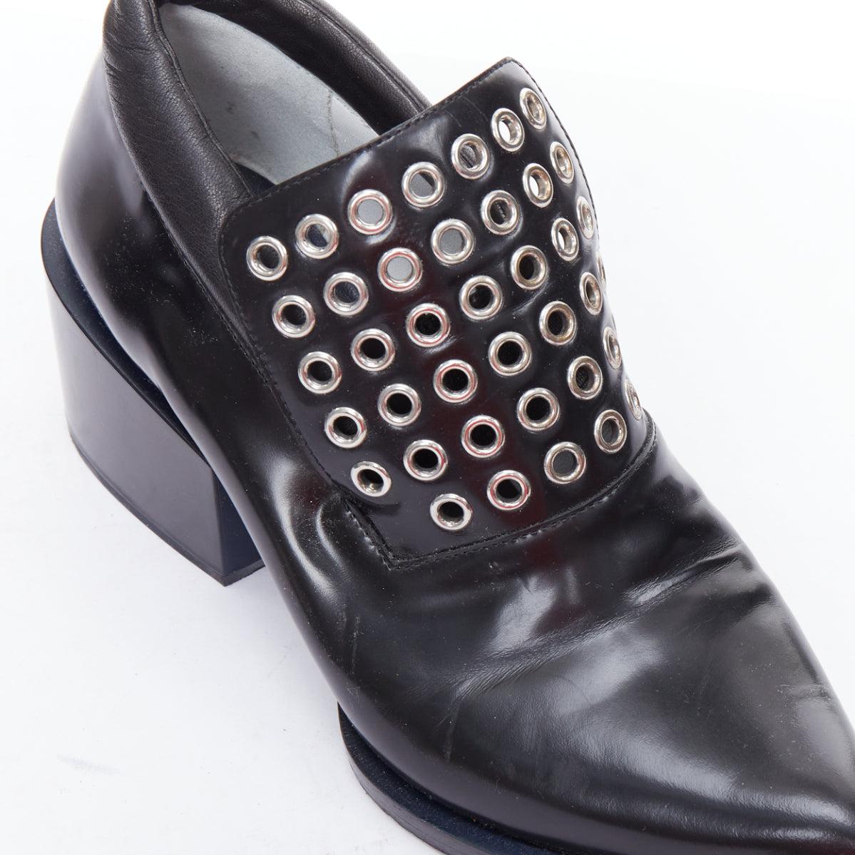 JIL SANDER silver grommet black leather block heel loafer EU38 For Sale 2