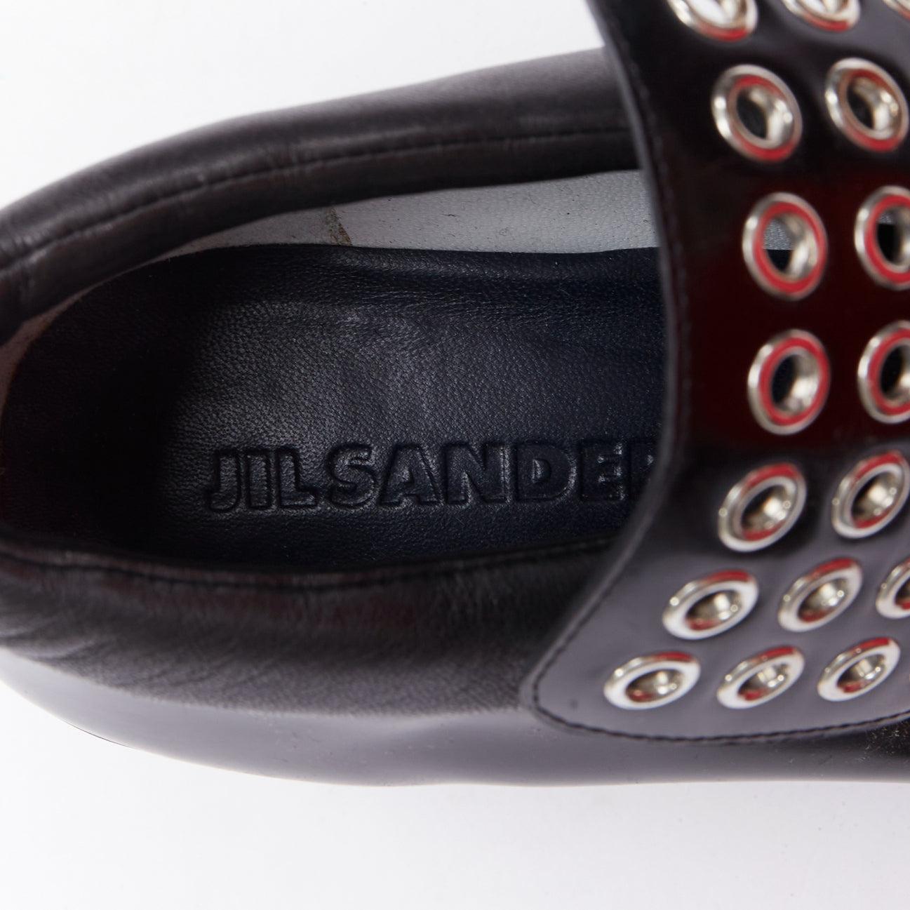 JIL SANDER silver grommet black leather block heel loafer EU38 For Sale 3