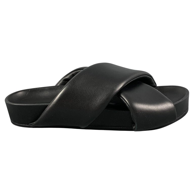 JIL SANDER Size 10 Black Leather Slip On Sandals For Sale at 1stDibs