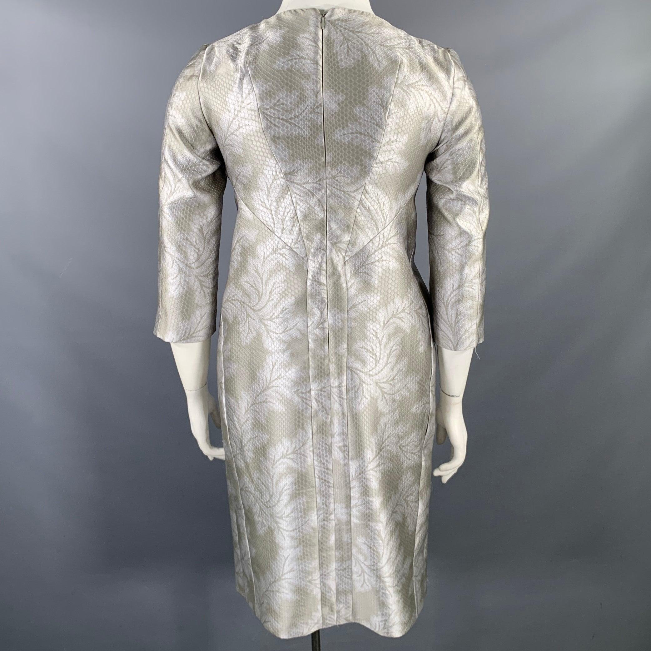 Women's JIL SANDER Size 10 Grey Silver Polyester Silk Embossed A-Line Dress For Sale