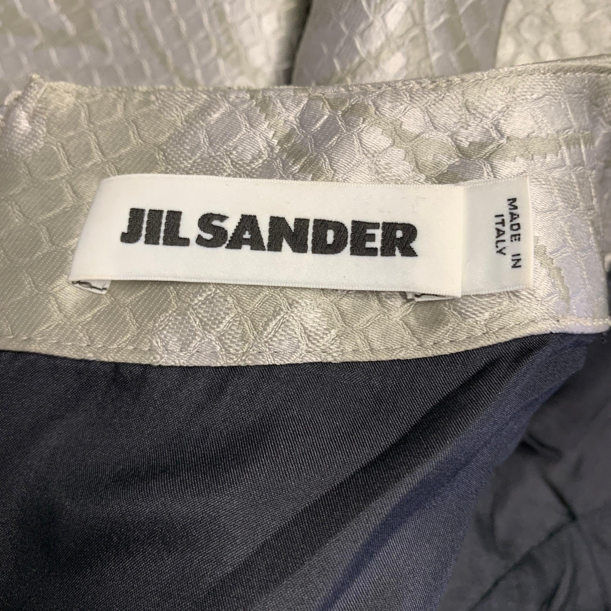 JIL SANDER Size 10 Grey Silver Polyester Silk Embossed A-Line Dress For Sale 1