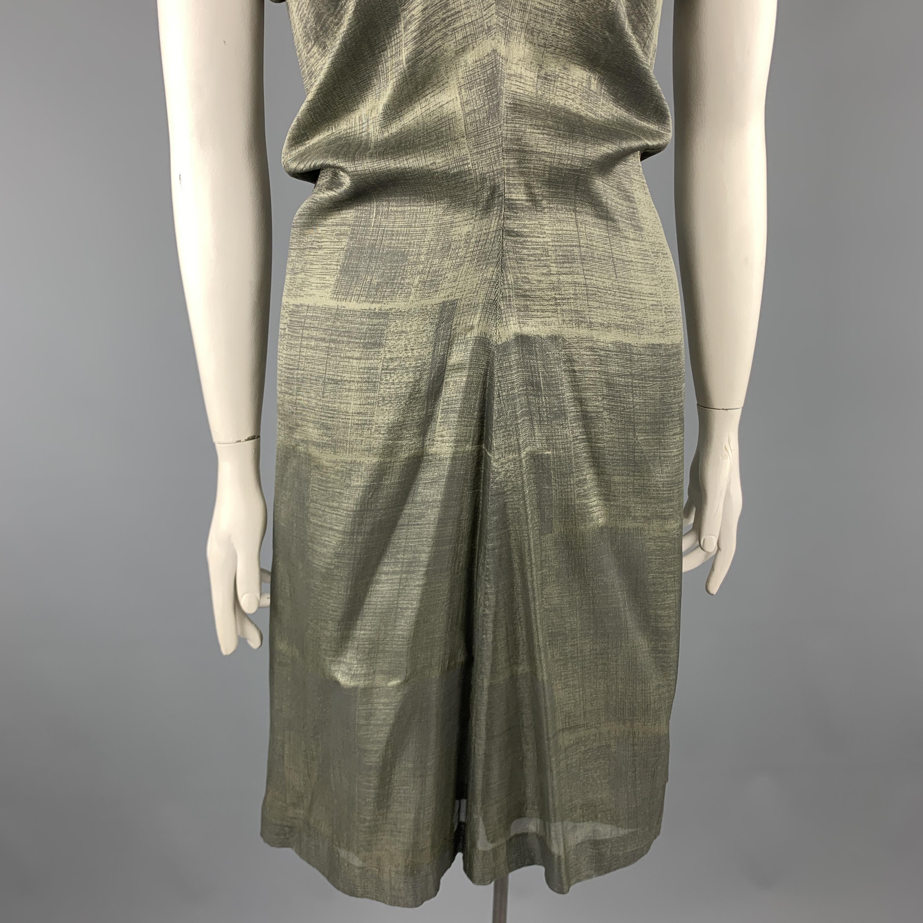 Gray JIL SANDER Size 10 Olive Green Metallic Woven Silk Draped Sleeveless Dress