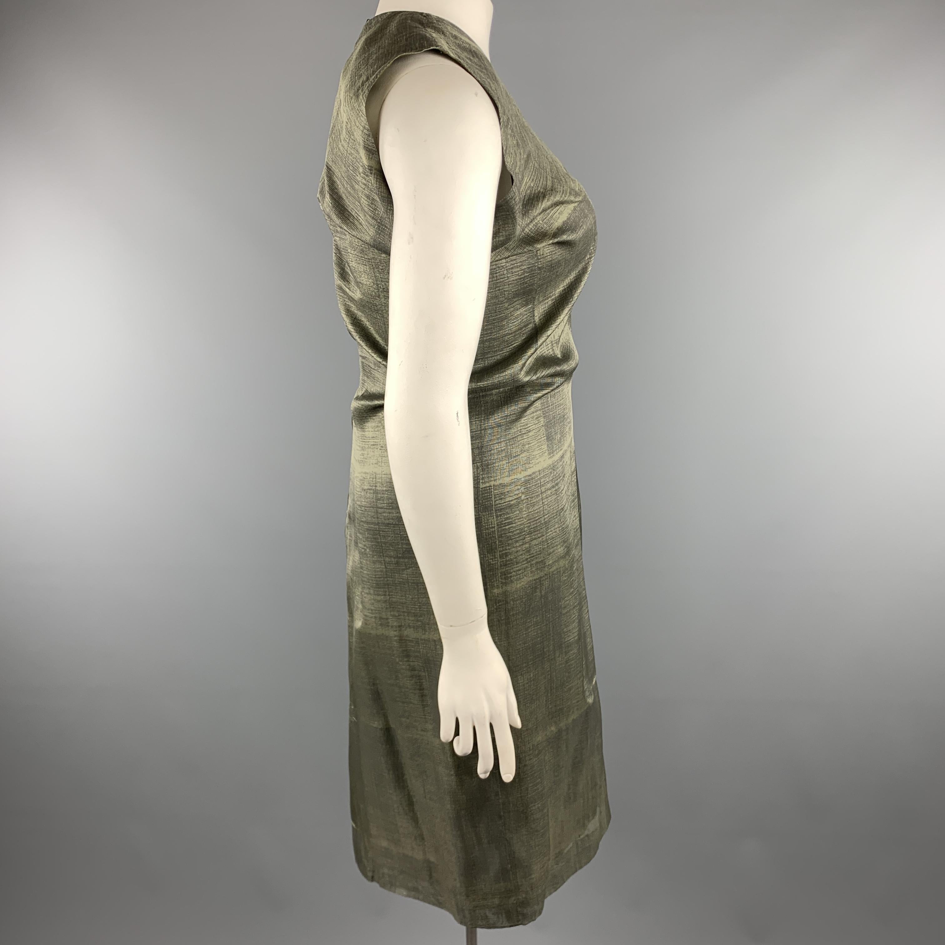 JIL SANDER Size 10 Olive Green Metallic Woven Silk Draped Sleeveless Dress In Excellent Condition In San Francisco, CA