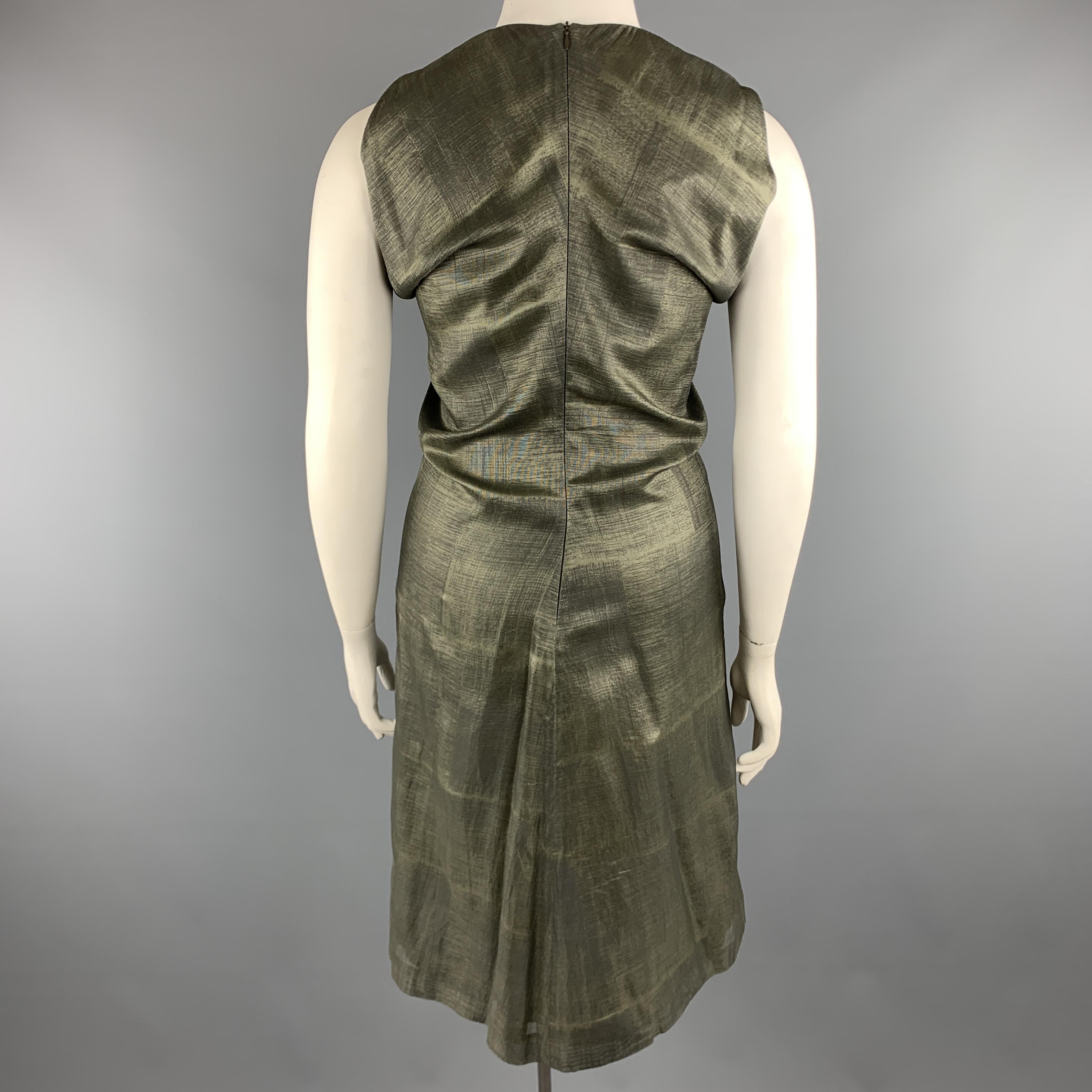 Women's JIL SANDER Size 10 Olive Green Metallic Woven Silk Draped Sleeveless Dress