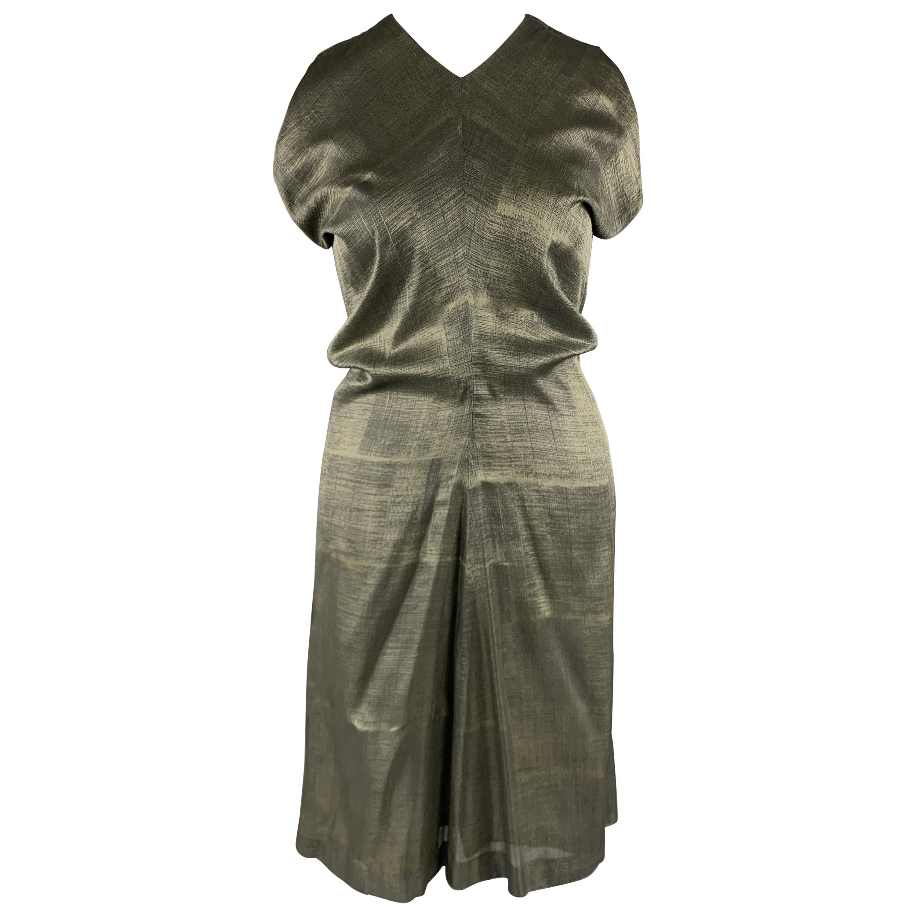 JIL SANDER Size 10 Olive Green Metallic Woven Silk Draped Sleeveless Dress