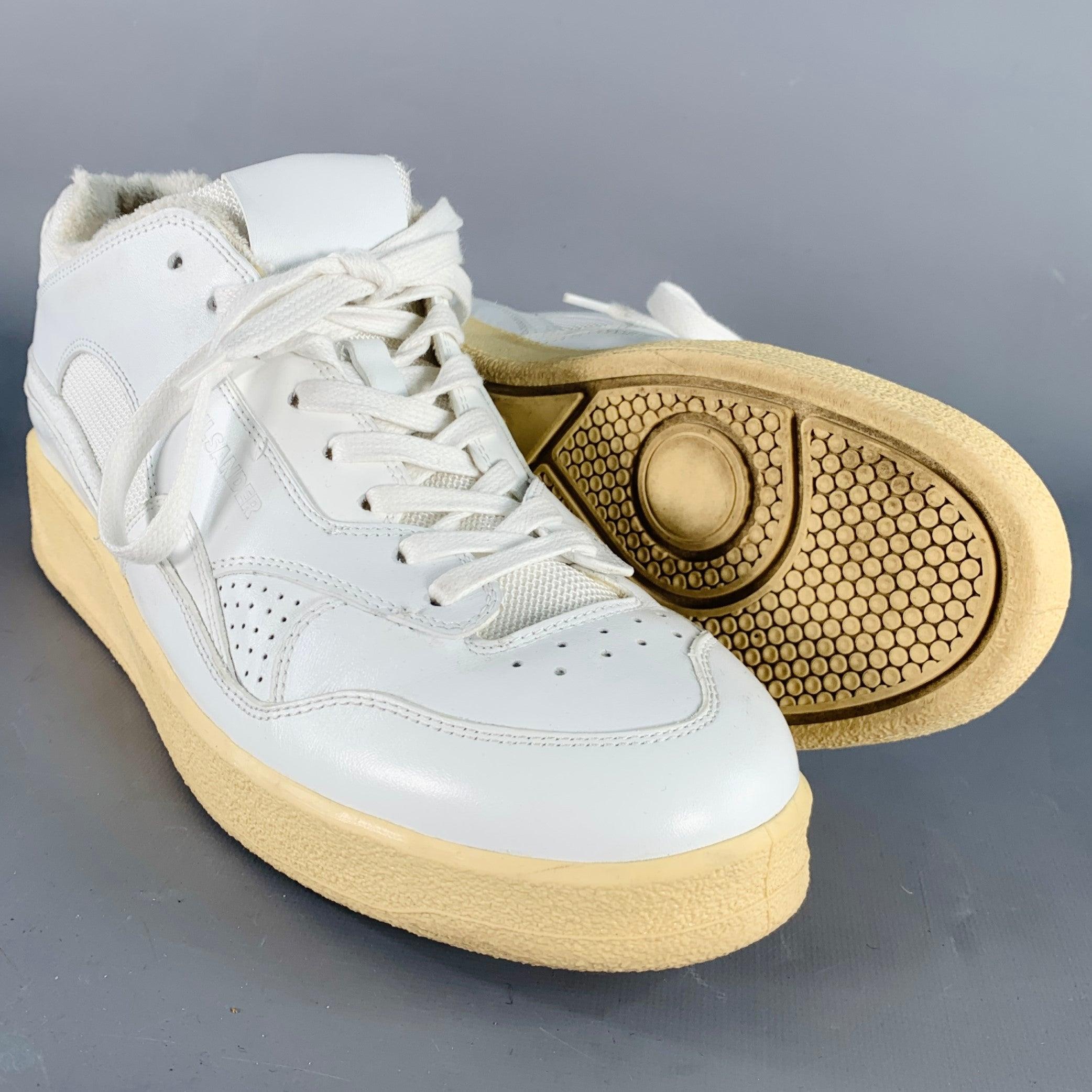 JIL SANDER Size 10 White Leather Rubber Sole Lace-Up Low Top Sneakers For Sale 1