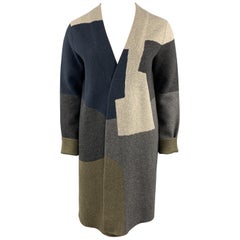 JIL SANDER Size 12 Grey Navy & Olive Green Color Block Cashmere Coat