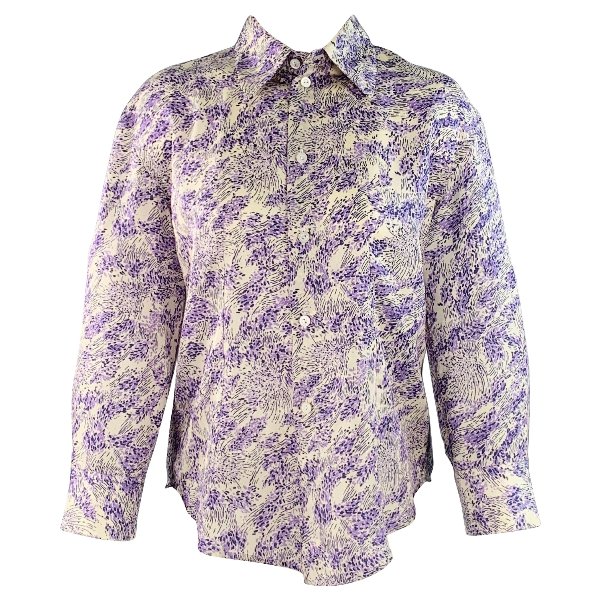 JIL SANDER Talla 2 Morado Blanco Cupro Seda Abstracto Top Casual en venta