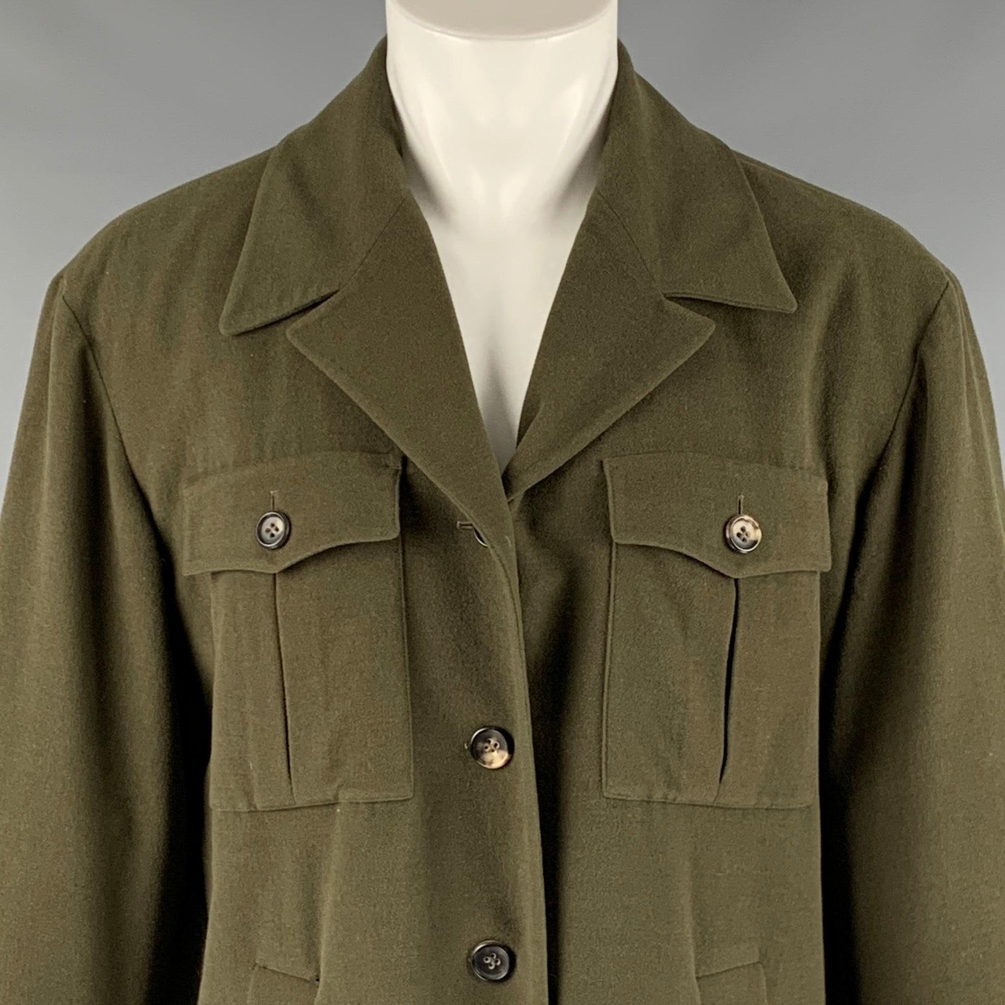 JIL SANDER coat
in an olive green lambswool angora blend fabric featuring a notch lapel, four large pockets, and a button closure.Excellent Pre-Owned Condition. 

Marked:   38 

Measurements: 
 
Shoulder: 20 inches Chest: 38 inches Sleeve: 21 inches