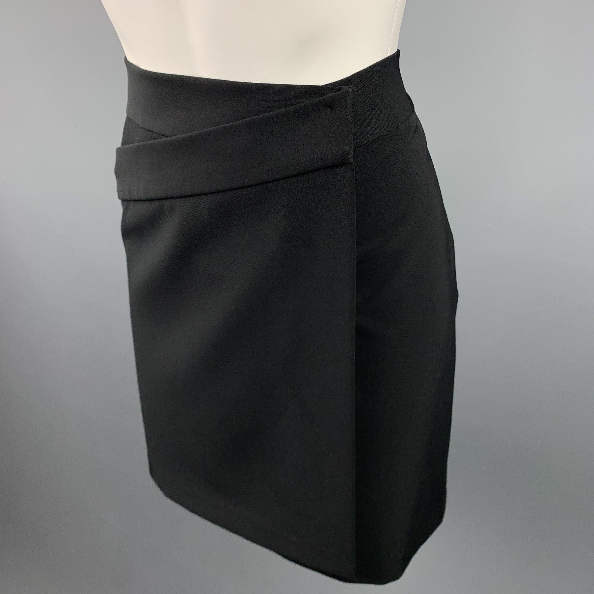 JIL SANDER skirt comes in a black twill polyester featuring a wrap style with a button & front tab closure. made in Italy.Excellent
Pre-Owned Condition. 

Marked:   IT 36 

Measurements: 
  Waist: 32 inches 
Hip: 36 inches 
Length:
 19 inches 
  
 
