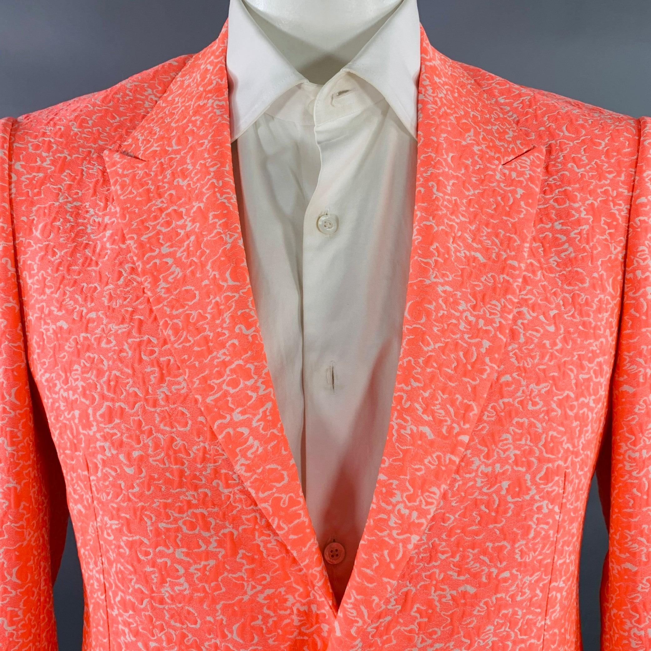JIL SANDER sport coat
in a fluorescent pink and white cotton blend fabric featuring a textured abstract floral patterned jacquard, peak lapel, single vented back, and single button closure. Made in Italy.Excellent Pre-Owned Condition. 

Marked:   IT