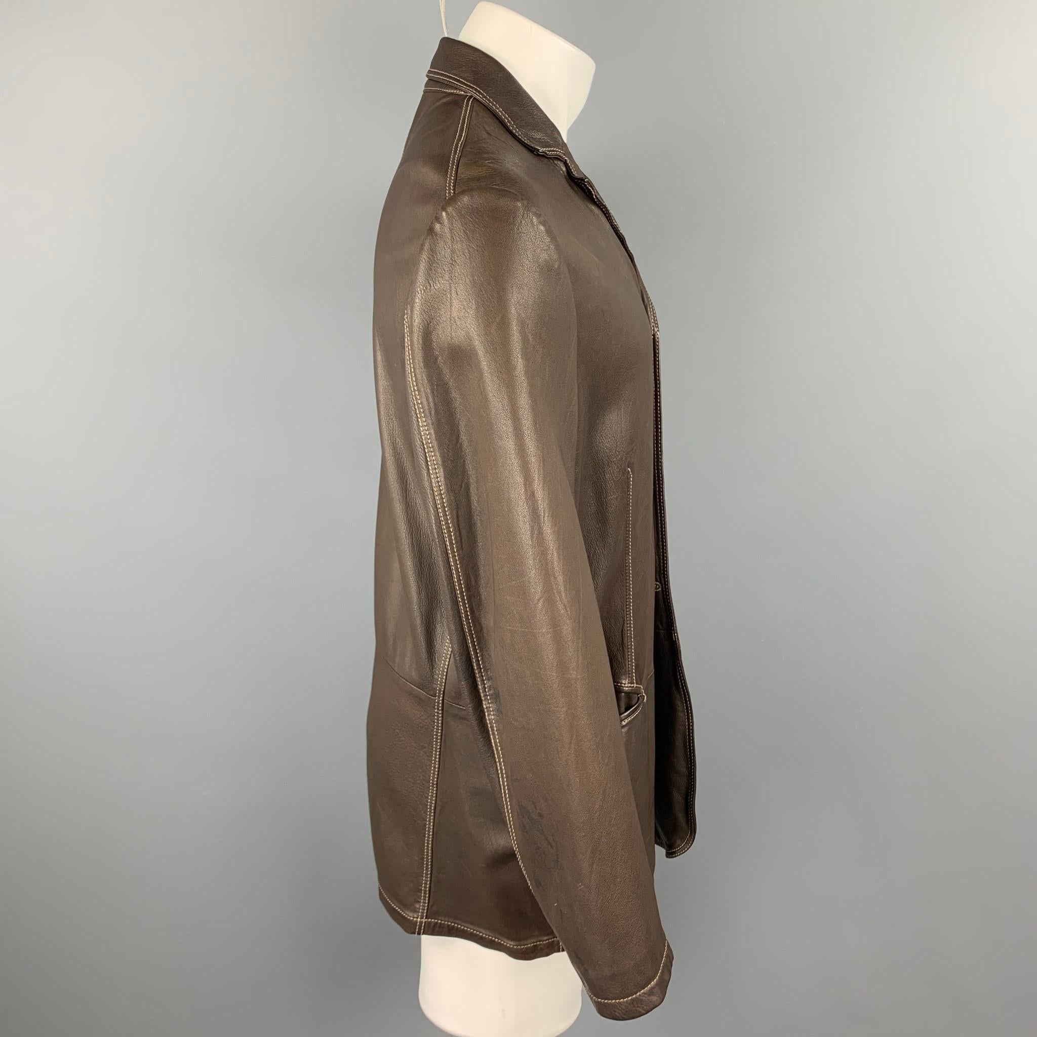 JIL SANDER Size 42 Size L Brown Contrast Stitch Leather Notch Lapel Jacket In Good Condition In San Francisco, CA