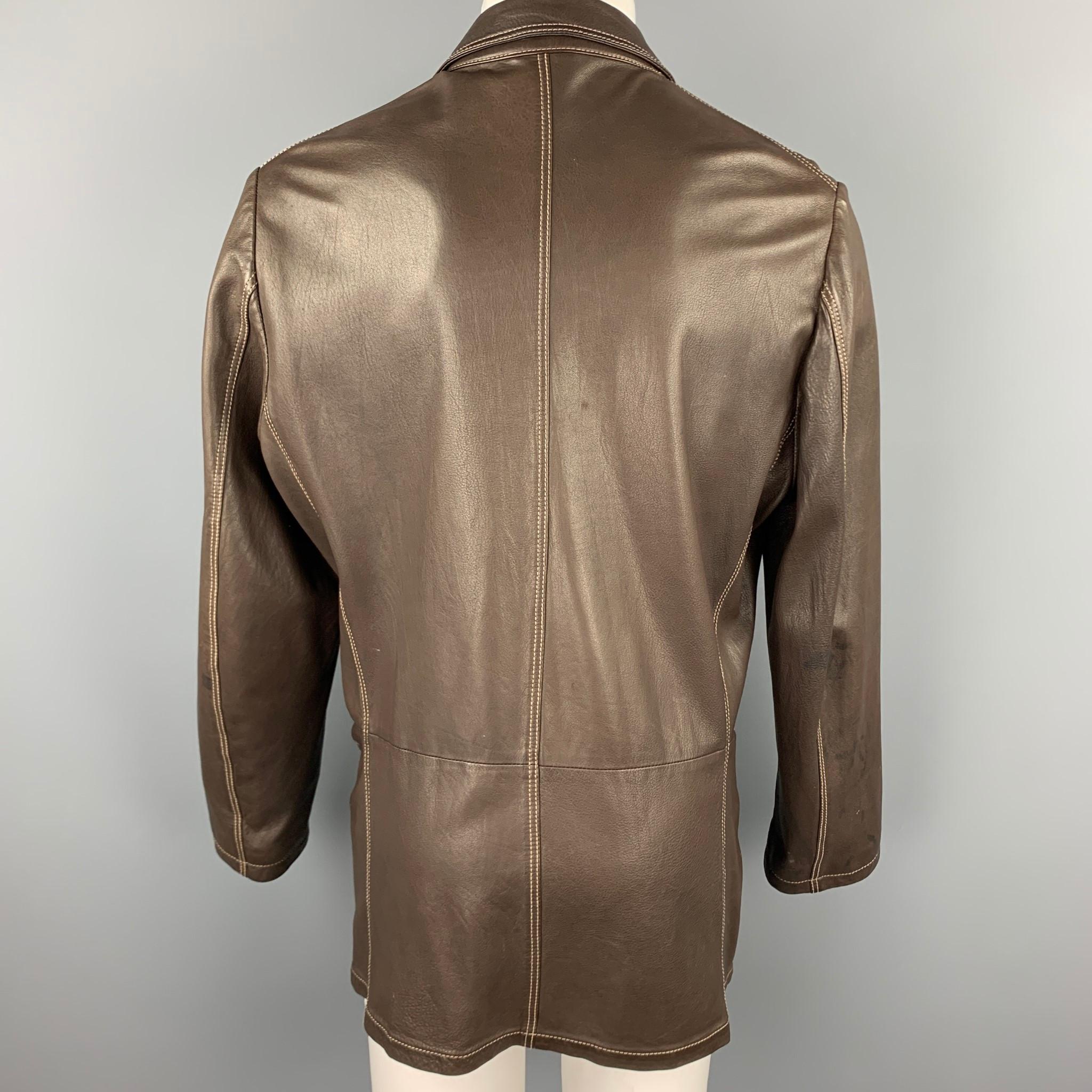 Men's JIL SANDER Size 42 Size L Brown Contrast Stitch Leather Notch Lapel Jacket