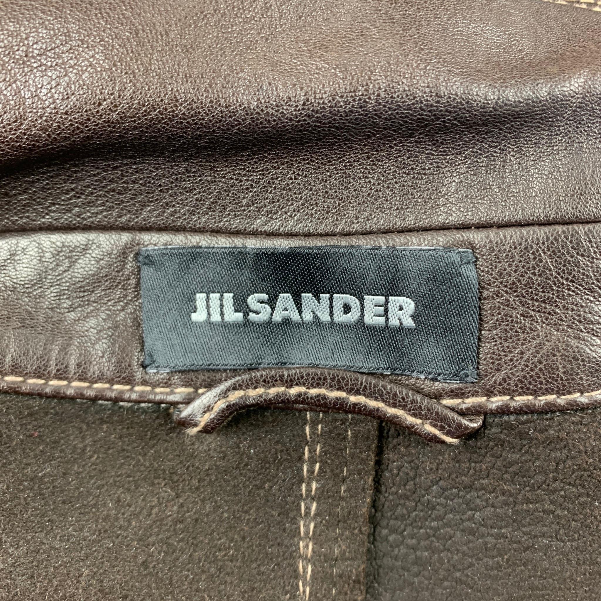 JIL SANDER Size 42 Size L Brown Contrast Stitch Leather Notch Lapel Jacket 1