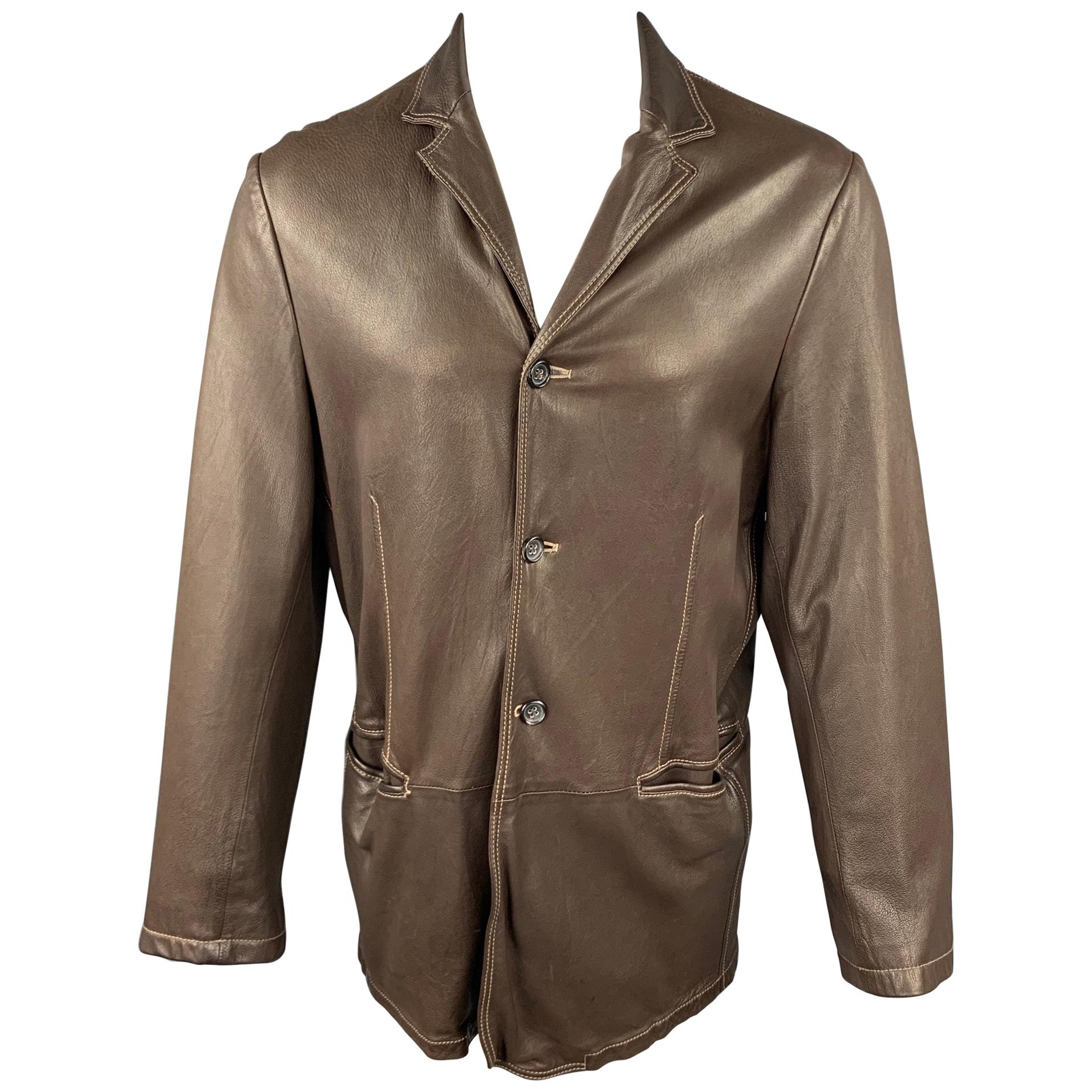 JIL SANDER Size 42 Size L Brown Contrast Stitch Leather Notch Lapel Jacket