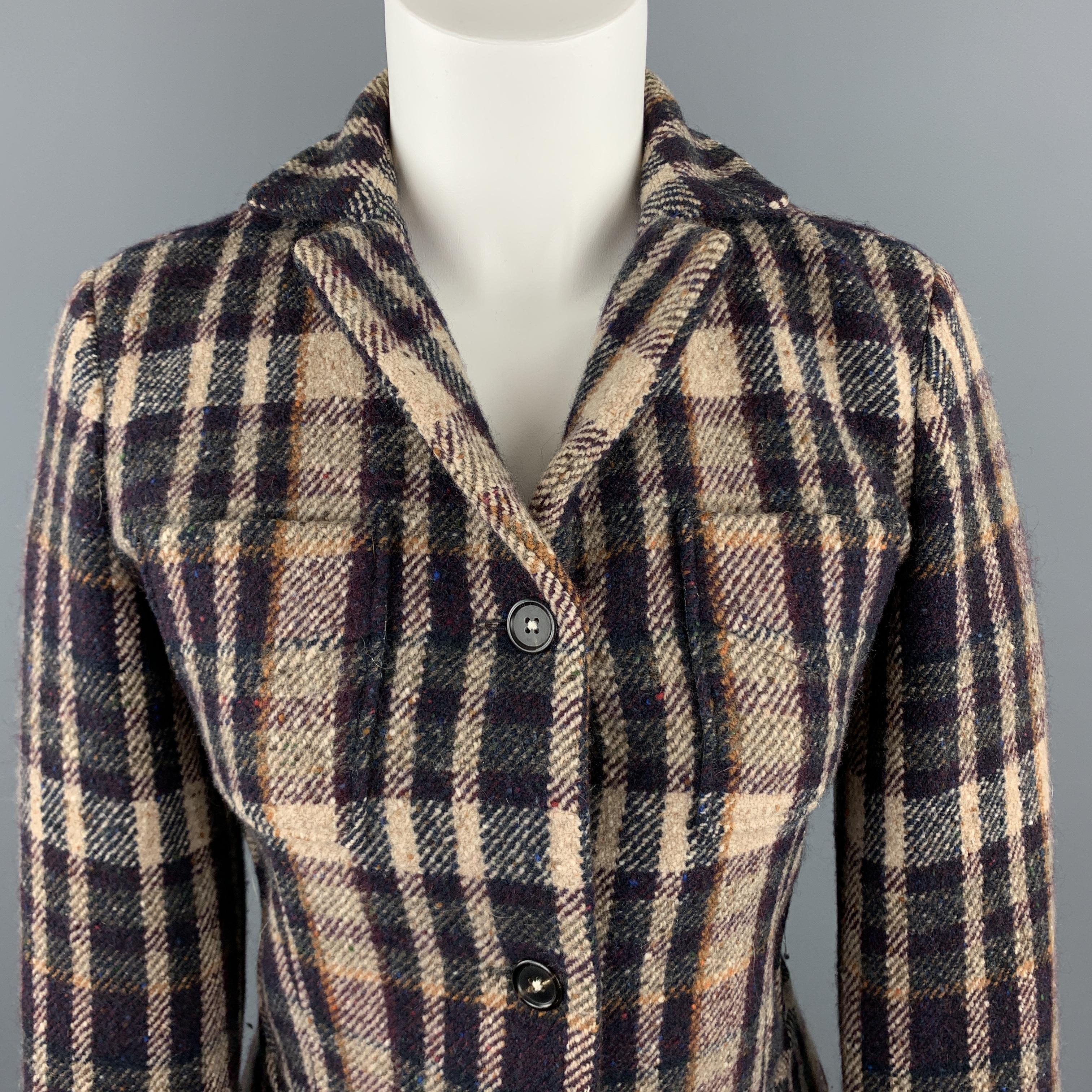 JIL SANDER cropped jacket comes in beige tweed with multi color plaid , button front, cuffed sleeves, and patch pockets. Made in Italy.

Very Good Pre-Owned Condition.
Marked: IT 36

Measurements:

Shoulder: 15 in.
Bust: 36 in.
Sleeve: 22