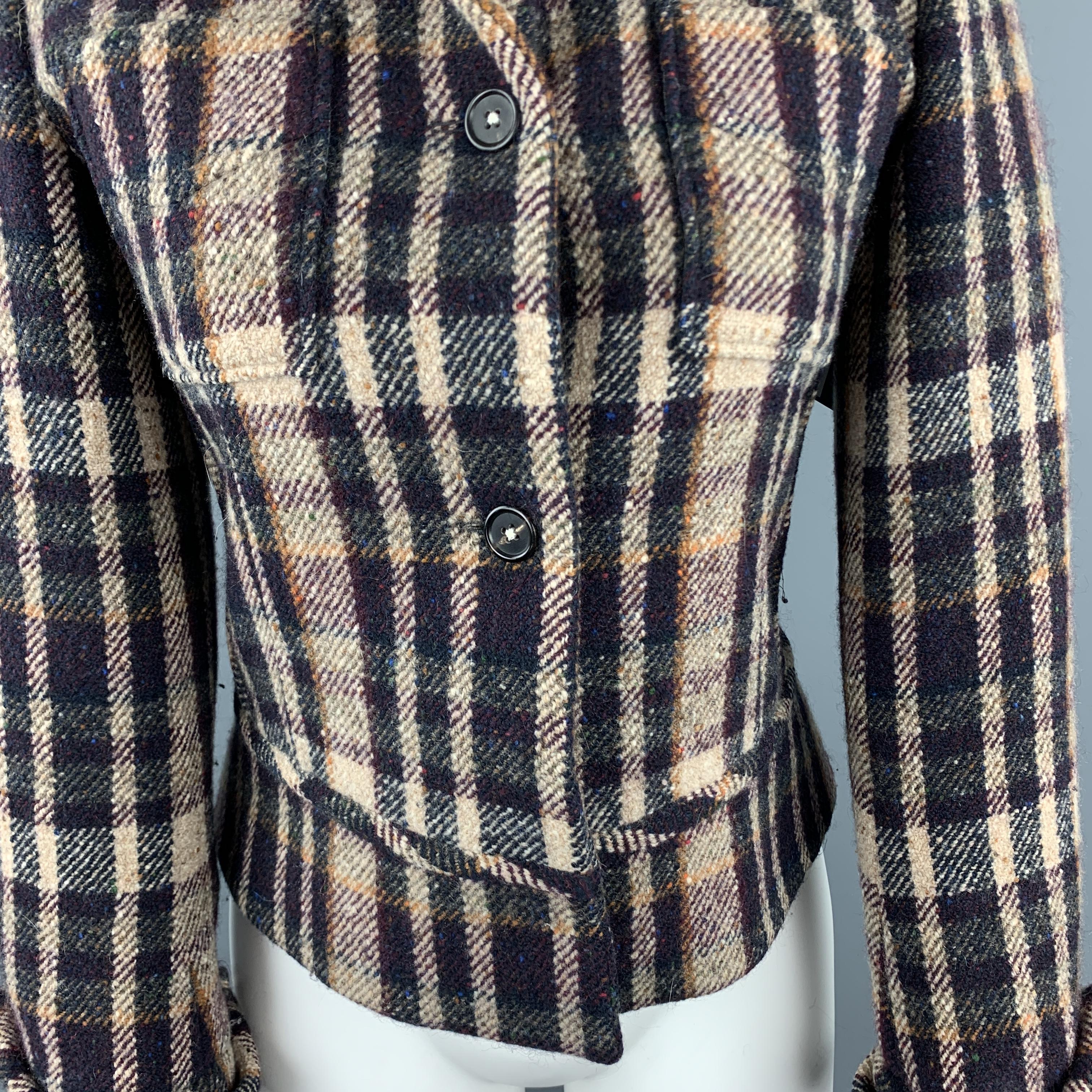 Black JIL SANDER Size 6 Beige & Navy Plaid Cropped Jacket