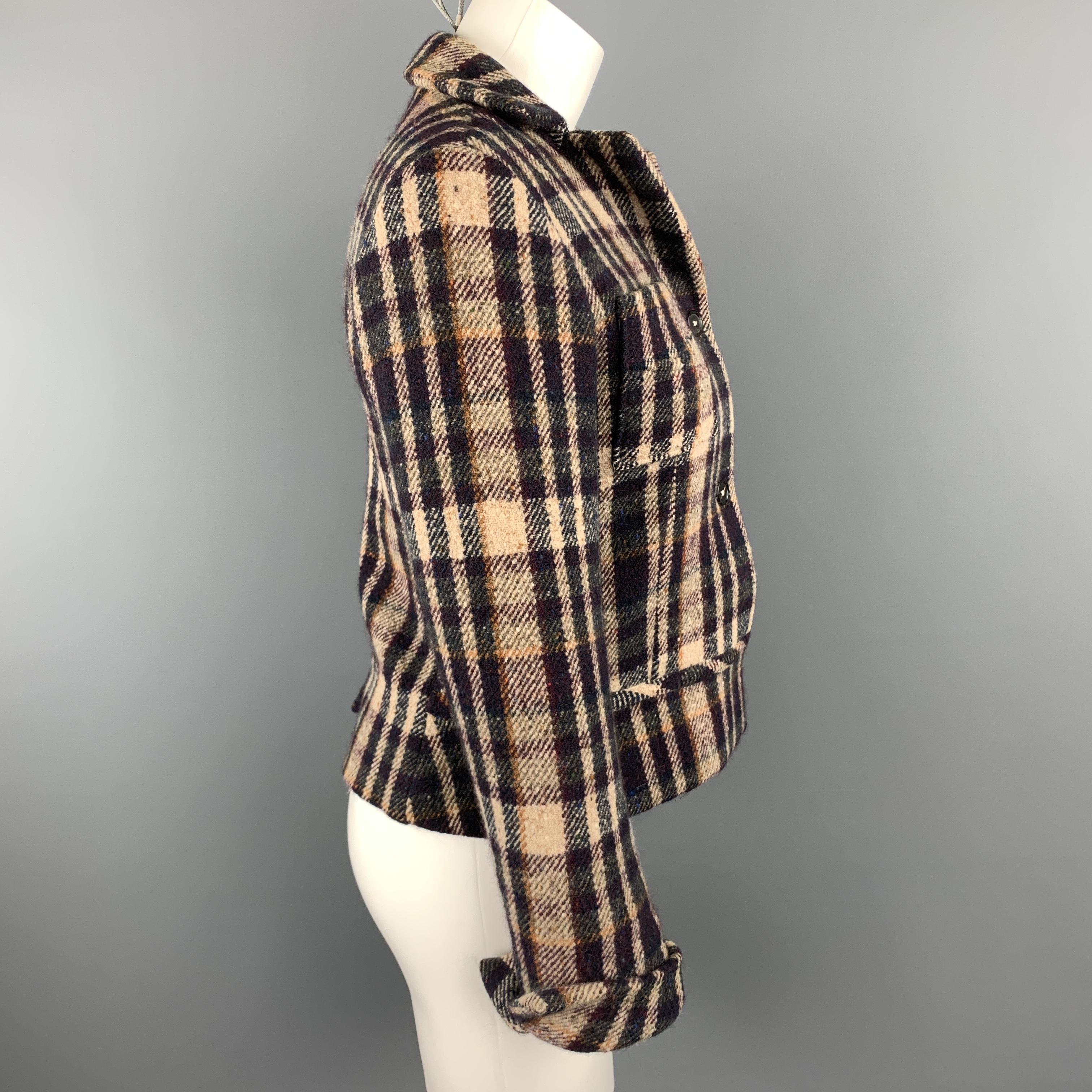 JIL SANDER Size 6 Beige & Navy Plaid Cropped Jacket In Good Condition In San Francisco, CA