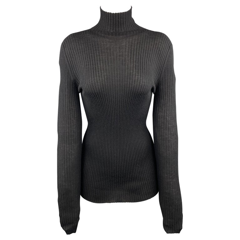 JIL SANDER Size 6 Black Cashmere / Silk Ribbed Turtleneck Sweater at ...
